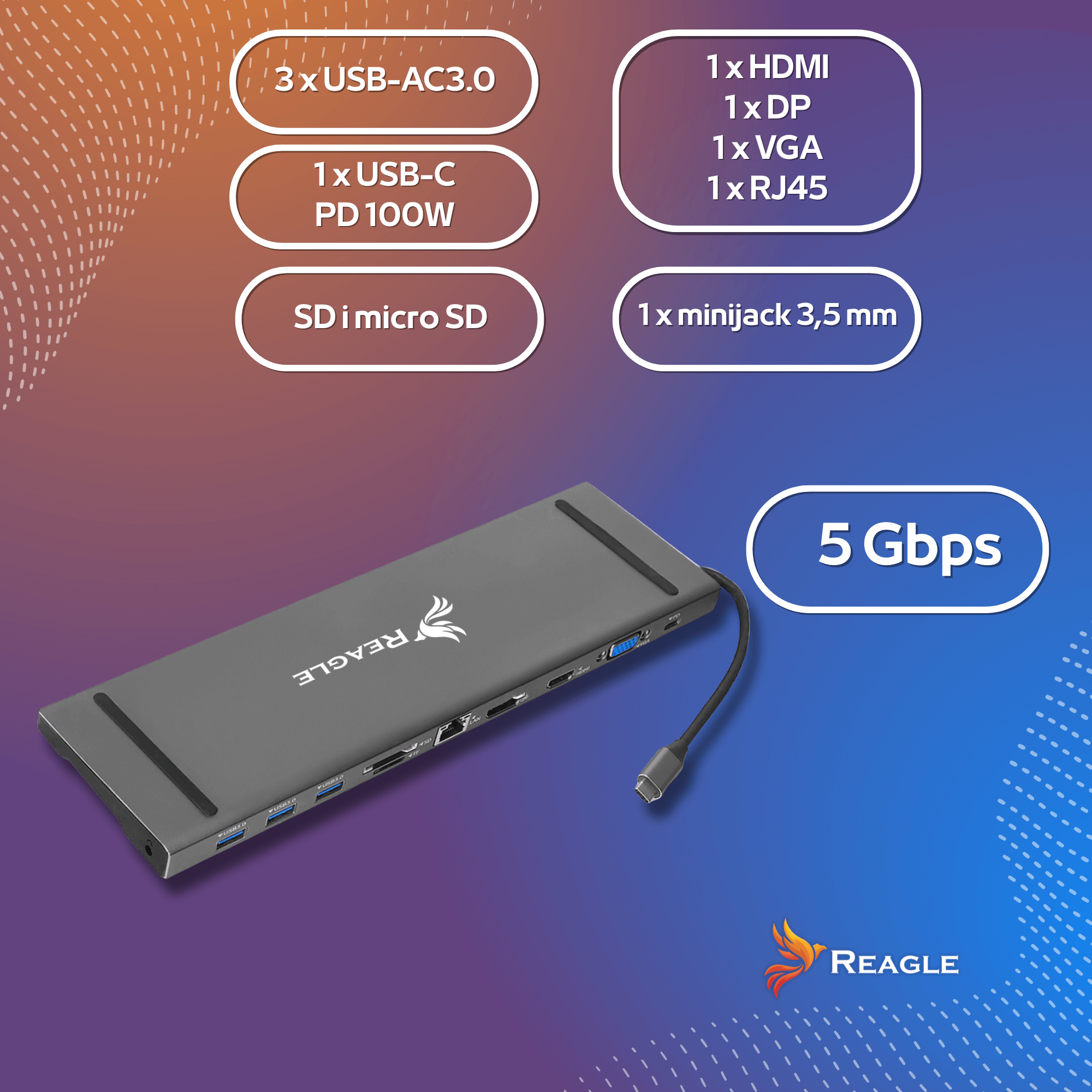 Szary hub Reagle z portami USB, HDMI i kartą SD. Posiada prędkość transferu danych 5 Gbps.