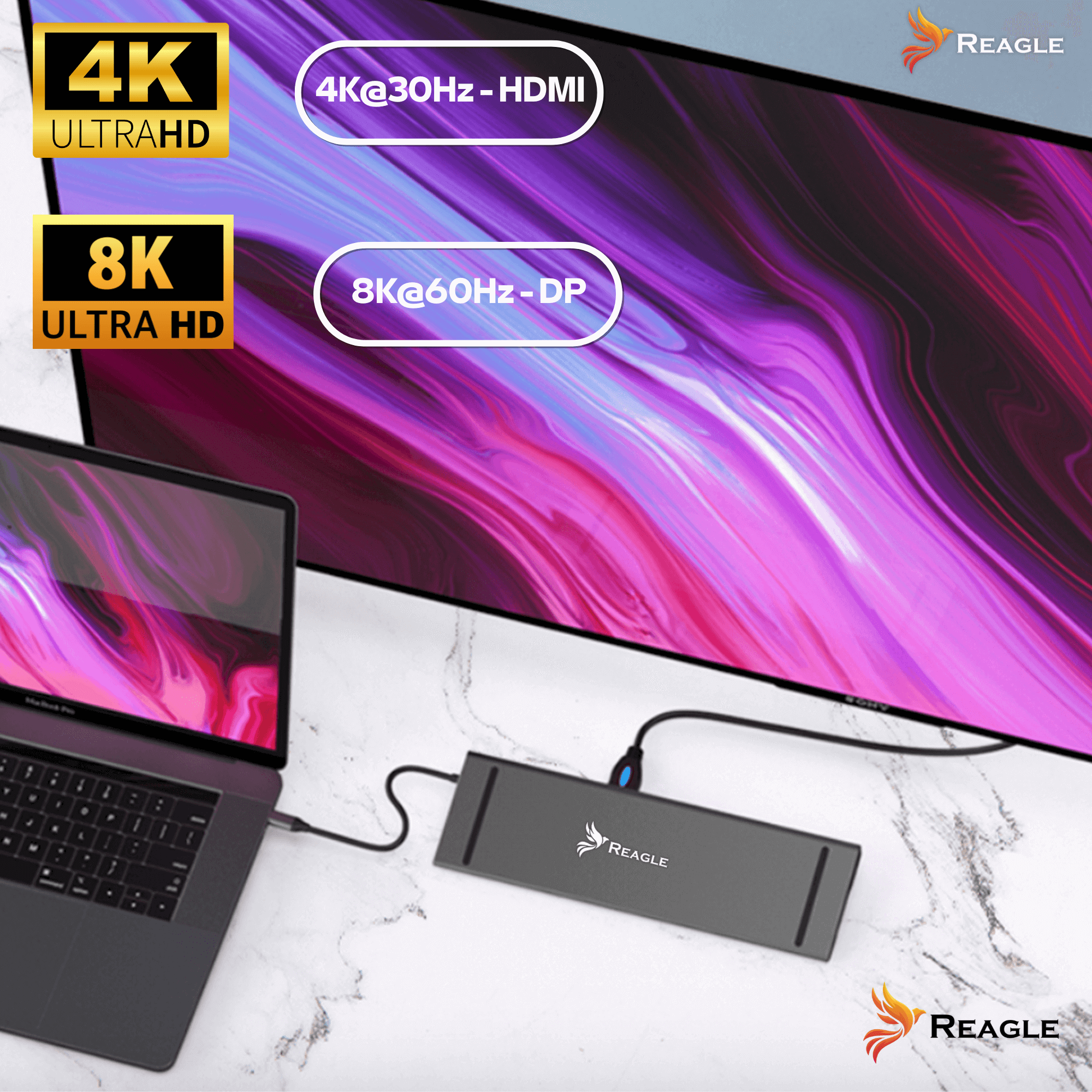 Laptop łączy się z monitorem i hubem Reagle. Monitor wyświetla opcje 4K i 8K. Tło jest abstrakcyjne fioletowe.