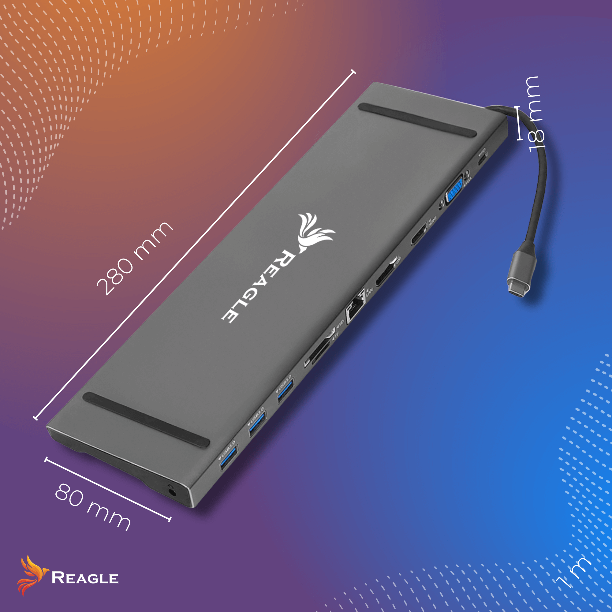 Szary hub USB Reagle z wyświetlonymi wymiarami. Ma wiele portów i podłączony kabel USB-C.