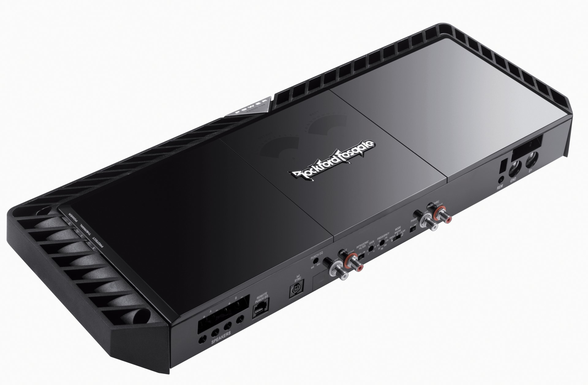 Ein schwarzer Rockford Fosgate Auto-Audioverstärker. Er verfügt über verschiedene Ein- und Ausgänge sowie Bedienelemente, mit dem Logo der Marke.