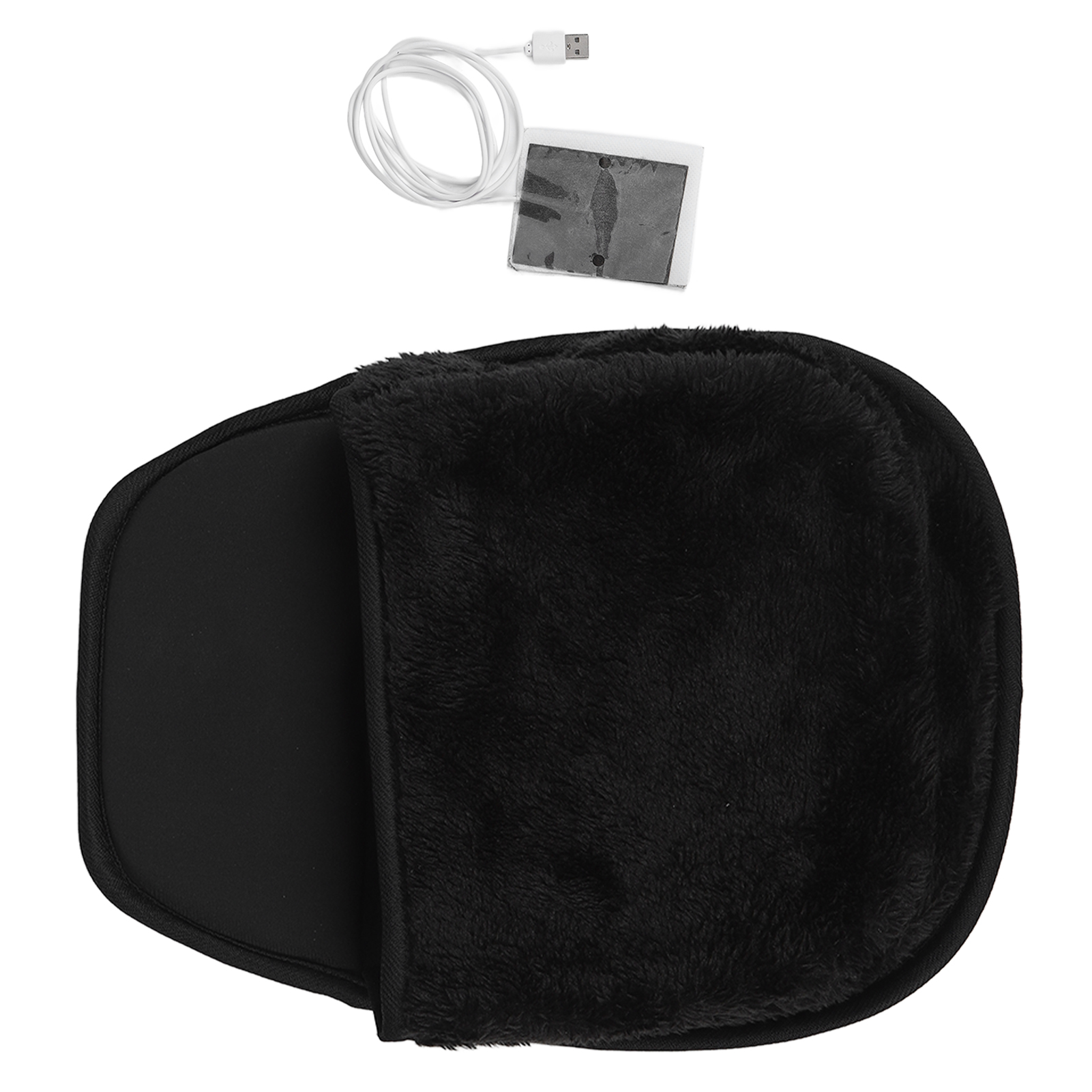 Schwarzer Fußwärmer mit weicher, flauschiger Oberseite und glatter Unterseite. USB-Kabel und kleines Pad darüber.