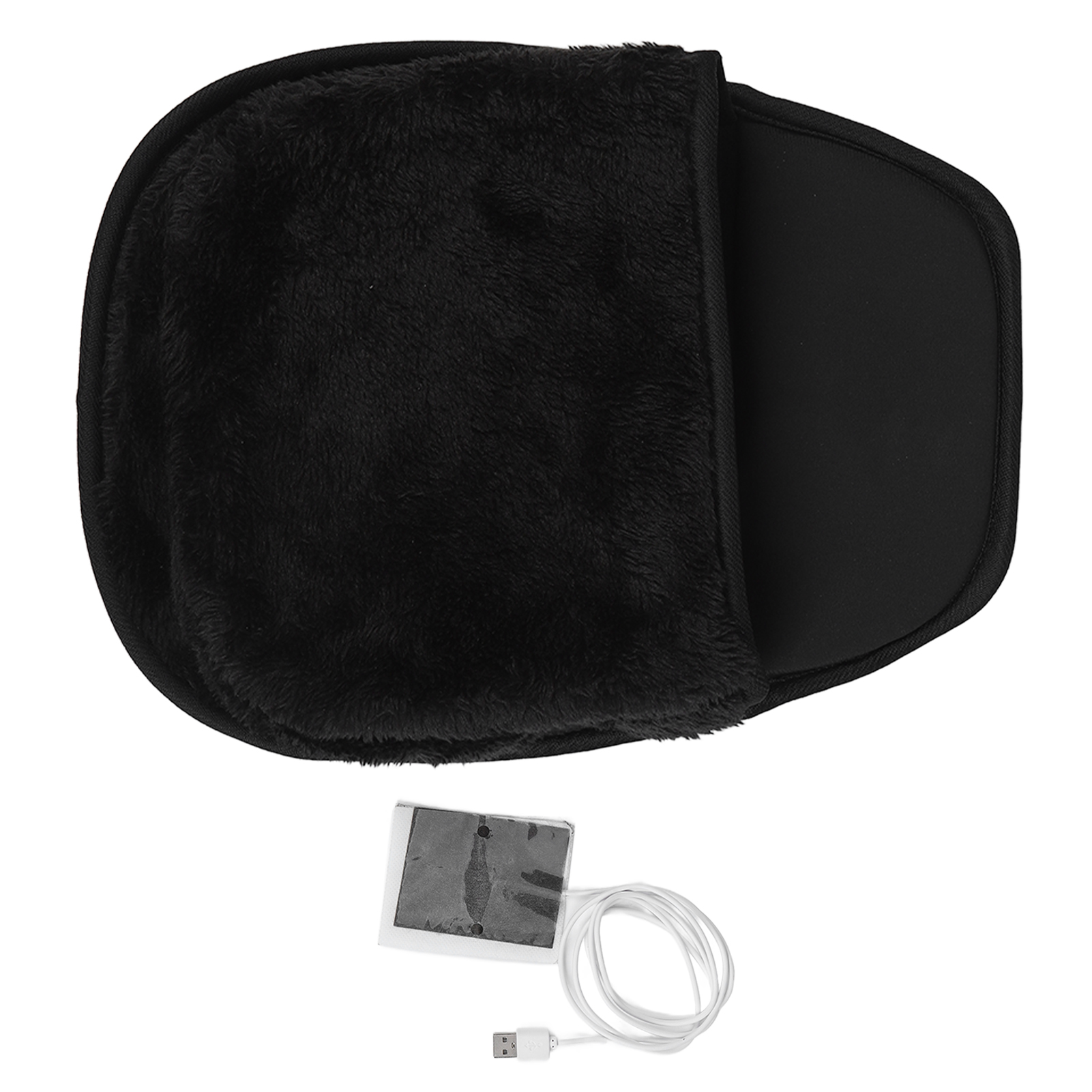 Schwarzes beheiztes Mauspad mit Plüschoberseite und separatem schwarzem Pad. Es hat ein USB-Kabel und ein kleines Heizelement.