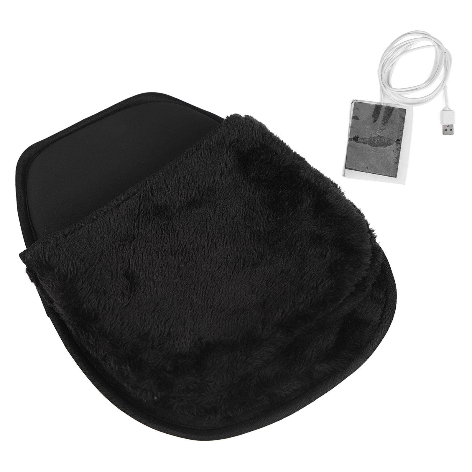 Schwarzer Gesichtswärmer mit flauschiger Textur. USB-betrieben, mit weißem Kabel und einem kleinen schwarzen Pad.