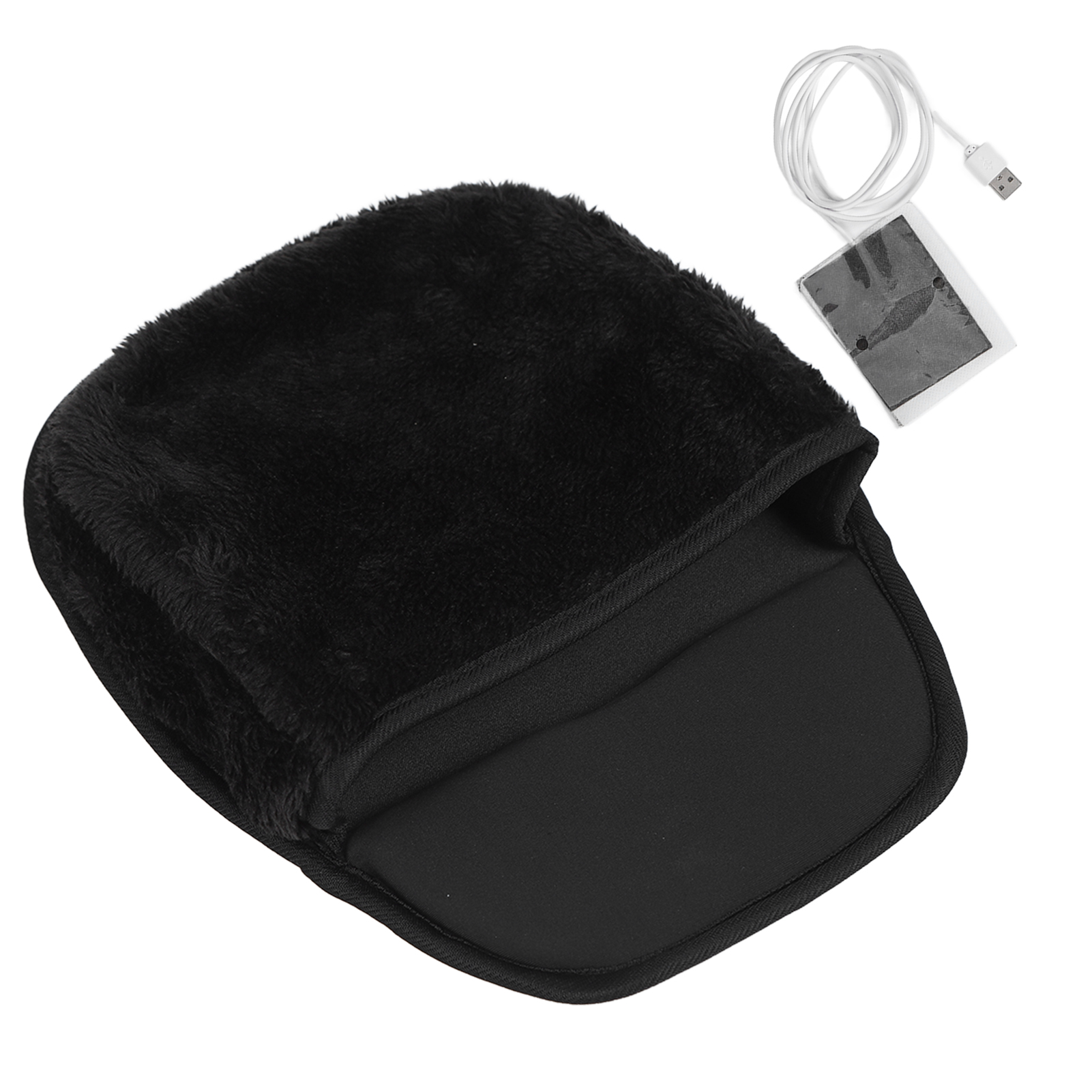 Ein schwarzer, flauschiger Fußwärmer mit schwarzem Innenraum. Ein weißes USB-Kabel und ein Heizkissen liegen daneben.