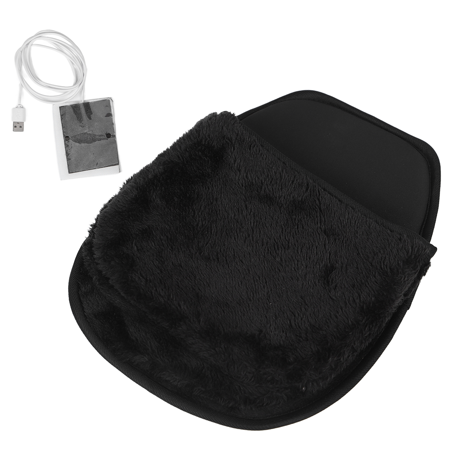 Ein schwarzer beheizter Fußwärmer mit flauschiger Oberseite. Ein USB-Kabel und ein Heizkissen sind im Hintergrund.