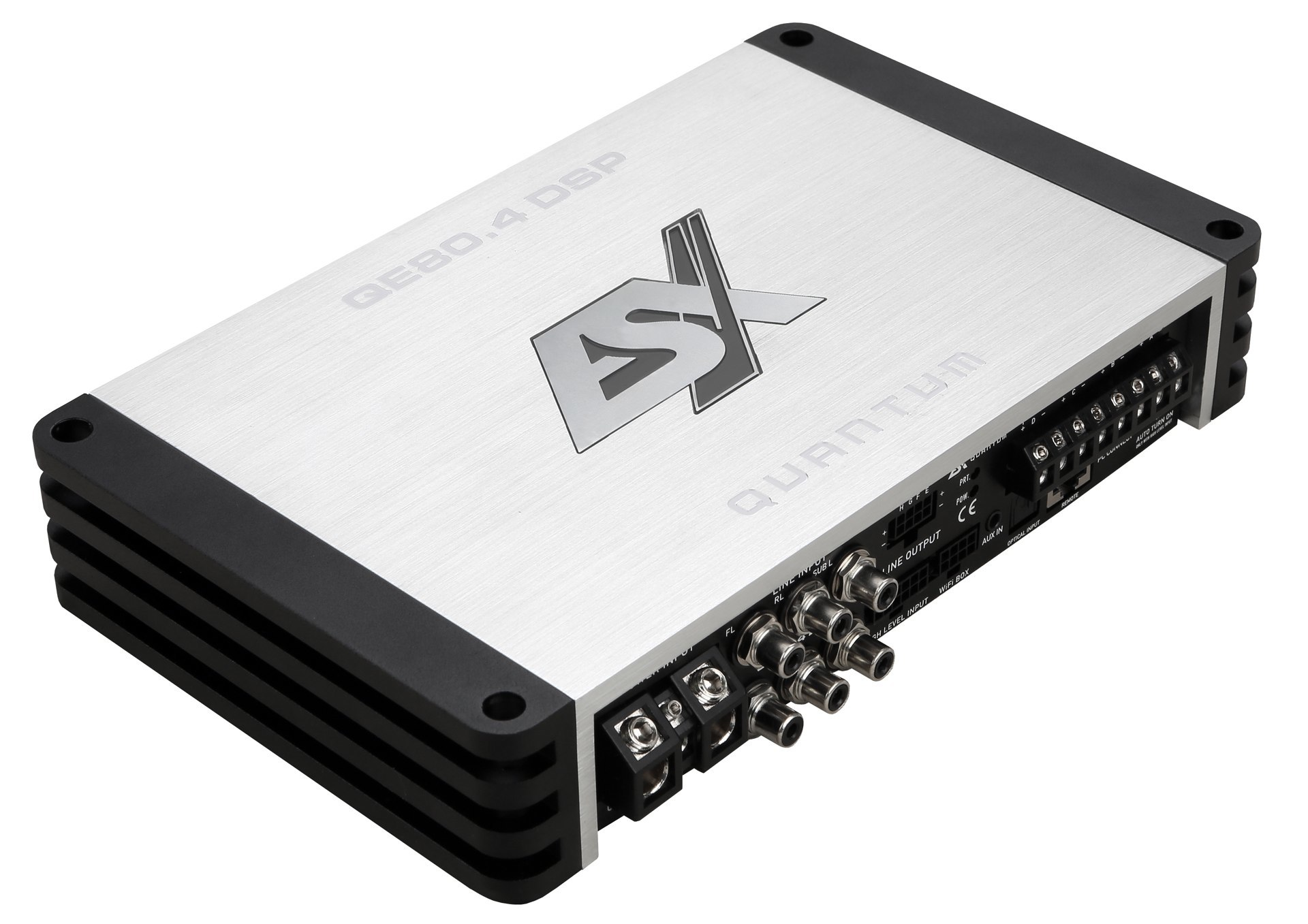 Ein silberner und schwarzer Auto-Verstärker. Er trägt den Markennamen ESX Quantum. Er hat verschiedene Eingangs- und Ausgangsanschlüsse.