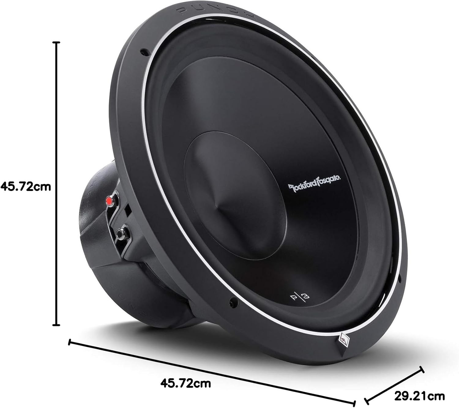 Ein schwarzer Rockford Fosgate P3-Subwoofer. Abmessungen: 45,72 cm x 45,72 cm x 29,21 cm. Silberne Zierleiste um den Lautsprecher.