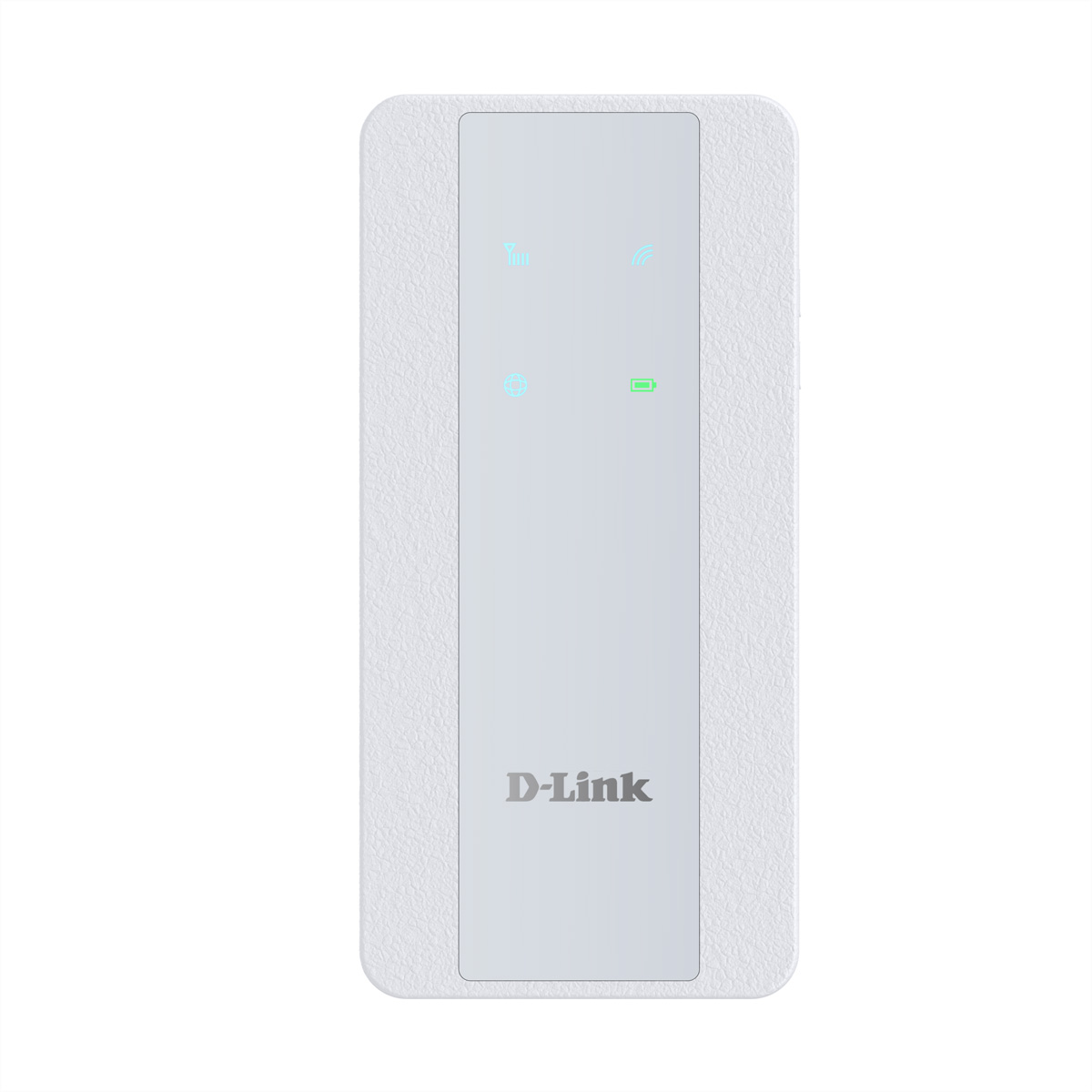 Un dispositivo D-Link bianco con un pannello centrale grigio. Ha quattro icone blu/verdi illuminate e il logo D-Link in basso.