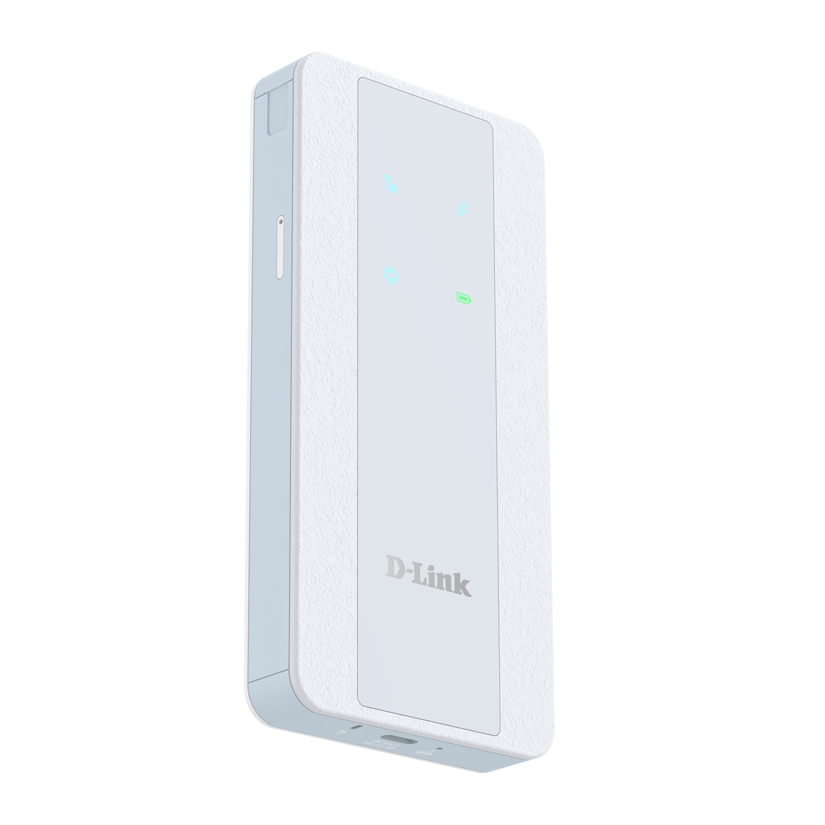 Un dispositivo D-Link bianco. Ha un bordo azzurro e diverse spie. Il logo D-Link è in basso.