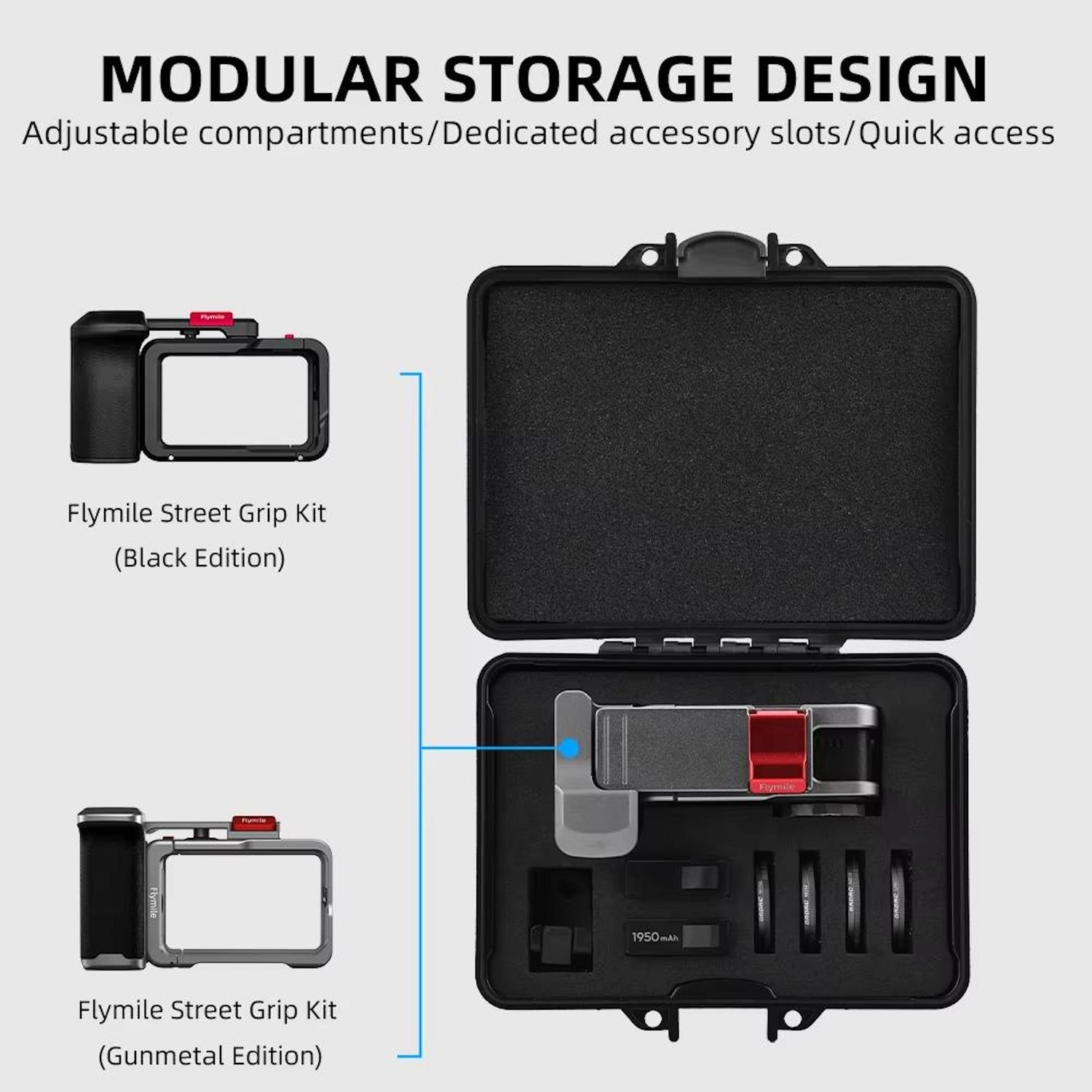 Offener Koffer mit Kameragriff, Objektiven und Akku. Gezeigt werden schwarze und graue Grip-Kits, gekennzeichnet als modulares Design.