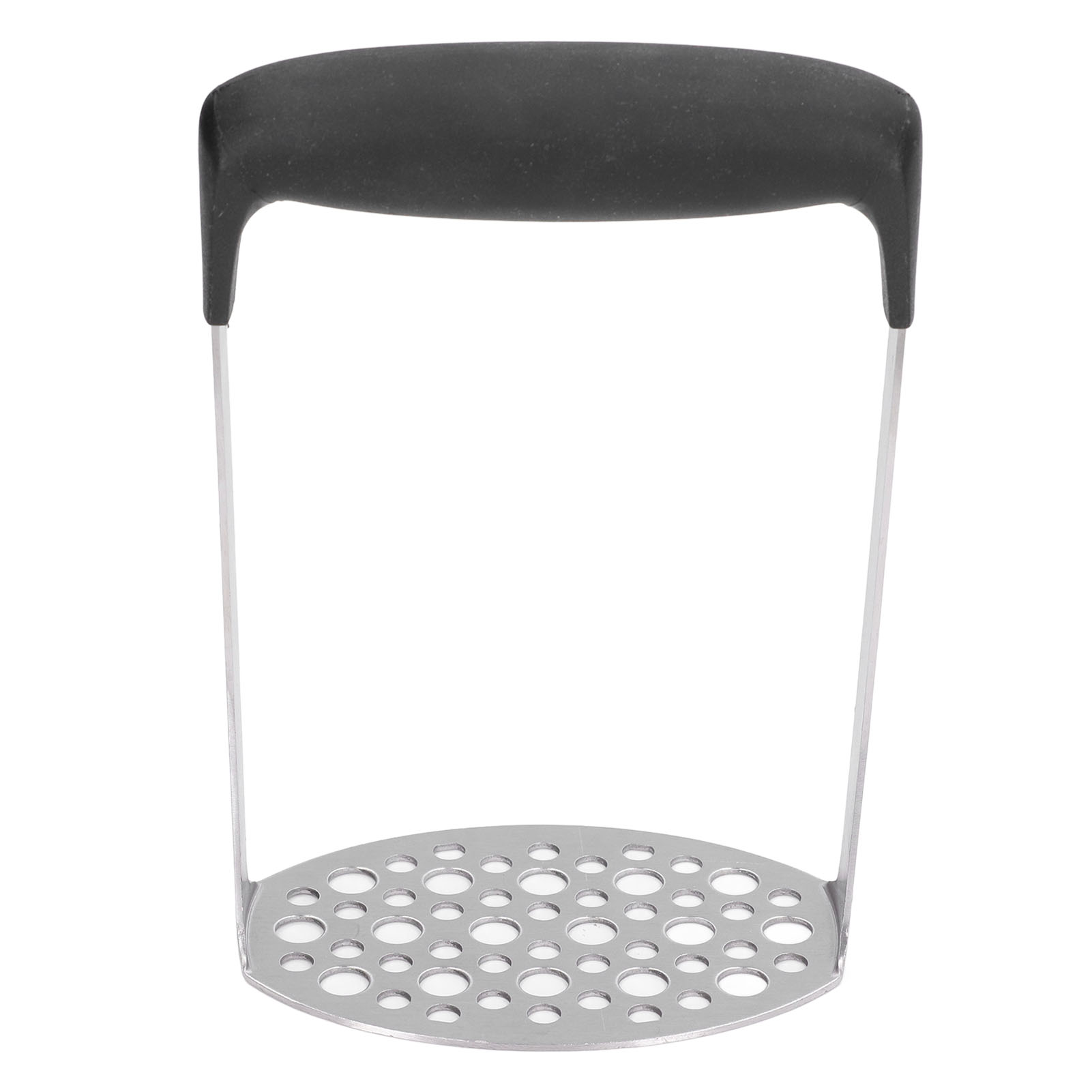 Ein Kartoffelstampfer mit schwarzem Griff und perforierter Metallbasis auf weißem Hintergrund.