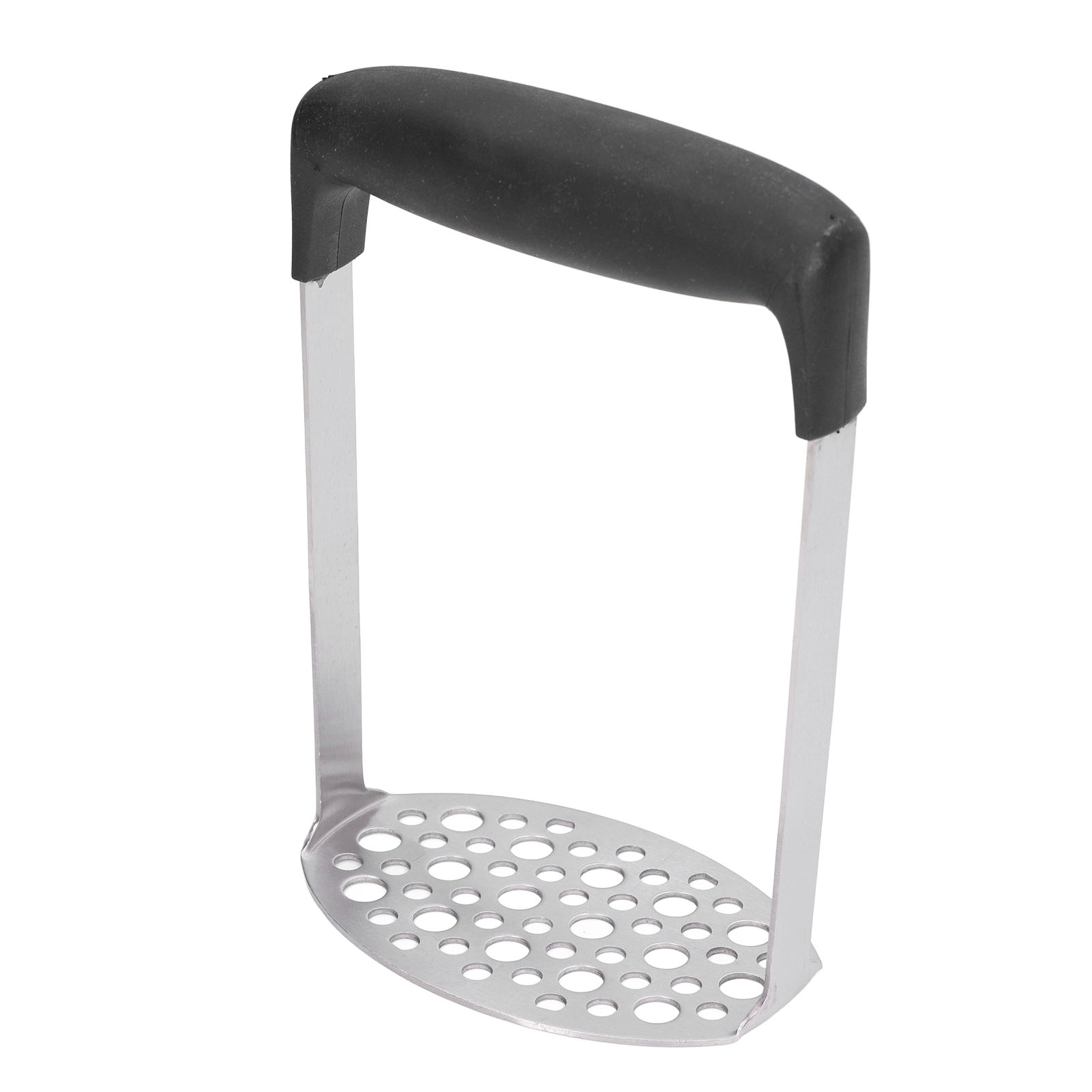 Ein Kartoffelstampfer mit schwarzem Griff und silberner, perforierter, oval geformter Basis, vor weißem Hintergrund.