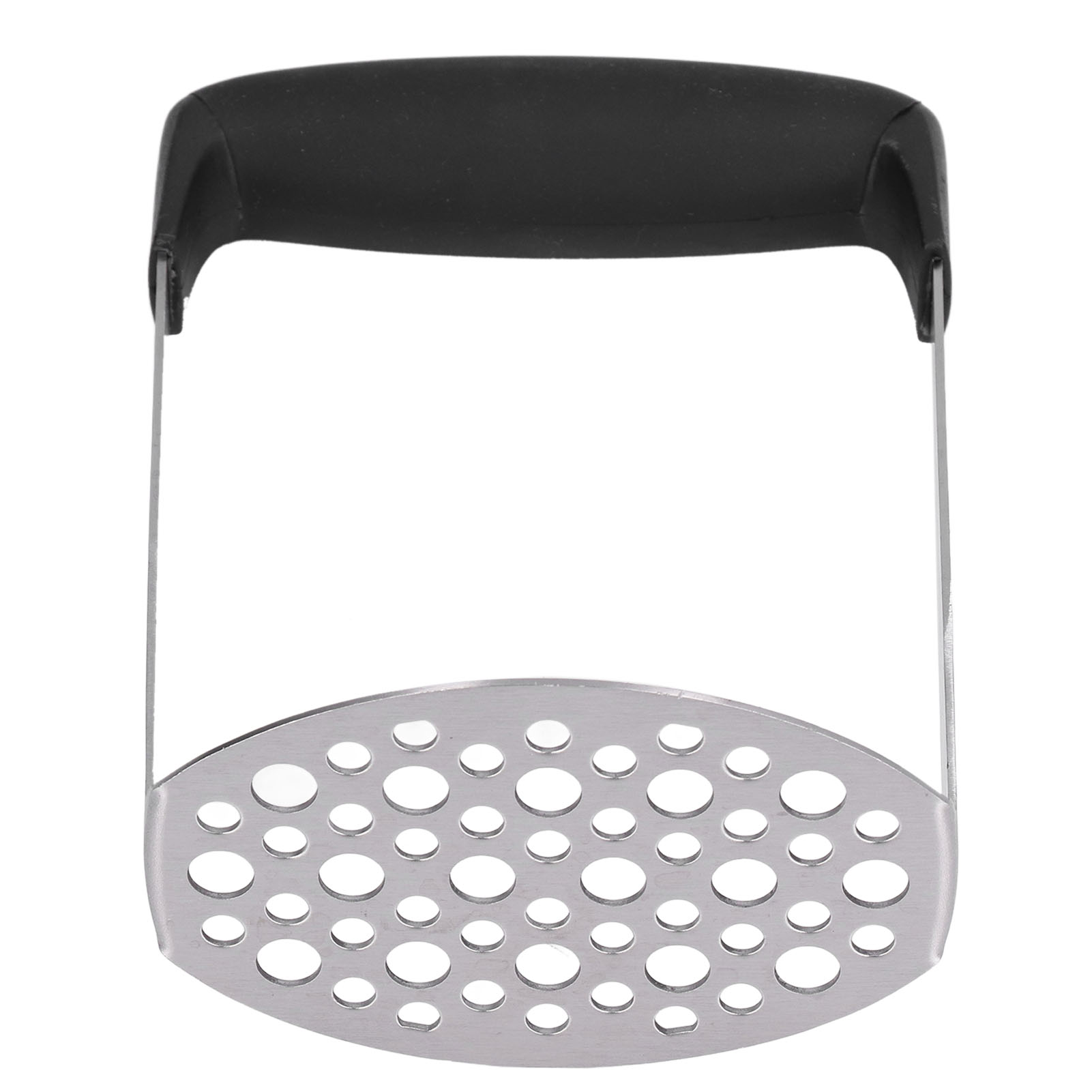 Kartoffelstampfer mit schwarzem Griff und einem Edelstahlkopf mit vielen Löchern.