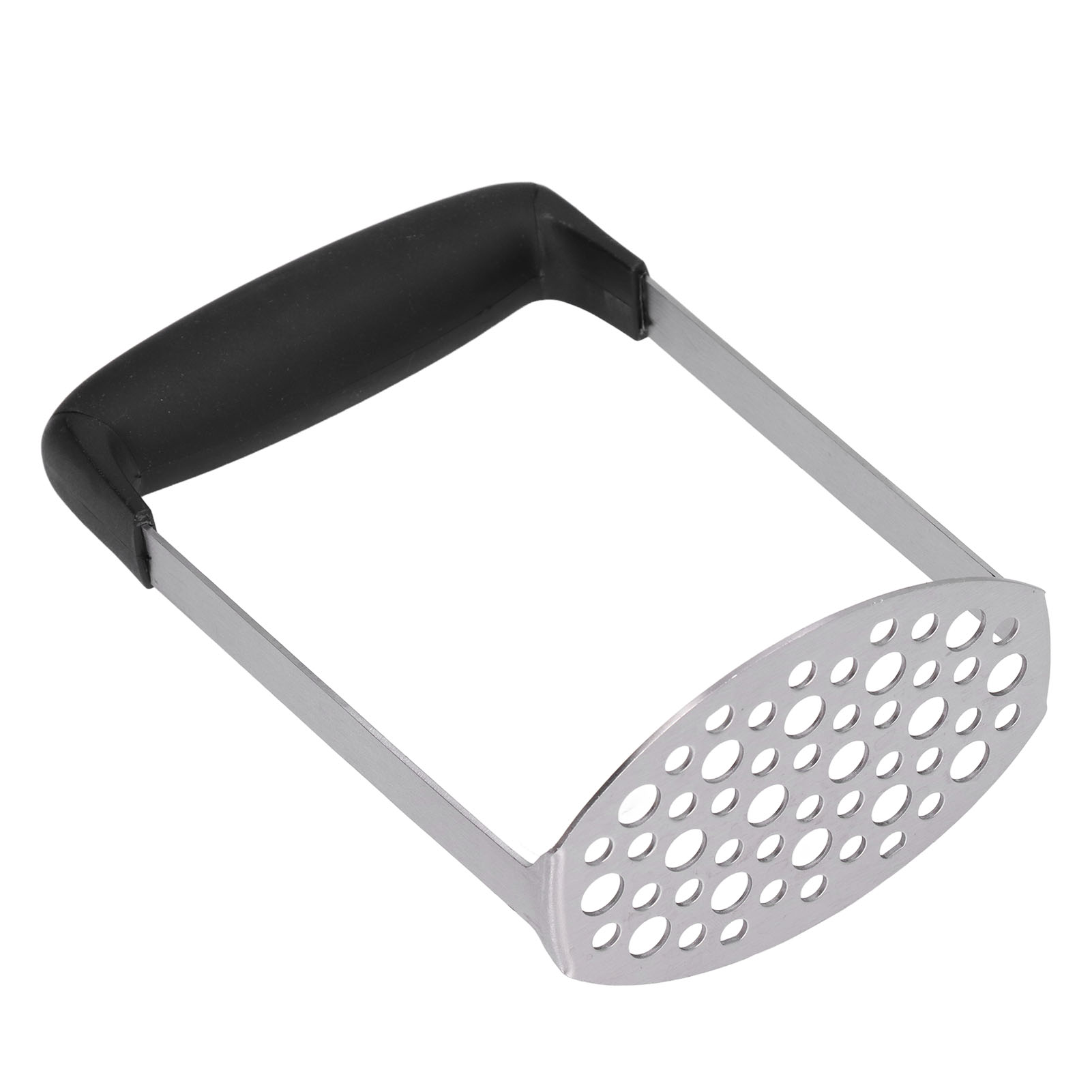 Ein Kartoffelstampfer aus Metall. Er hat einen schwarzen Griff und einen perforierten, ovalen Kopf mit silbernem Rahmen.