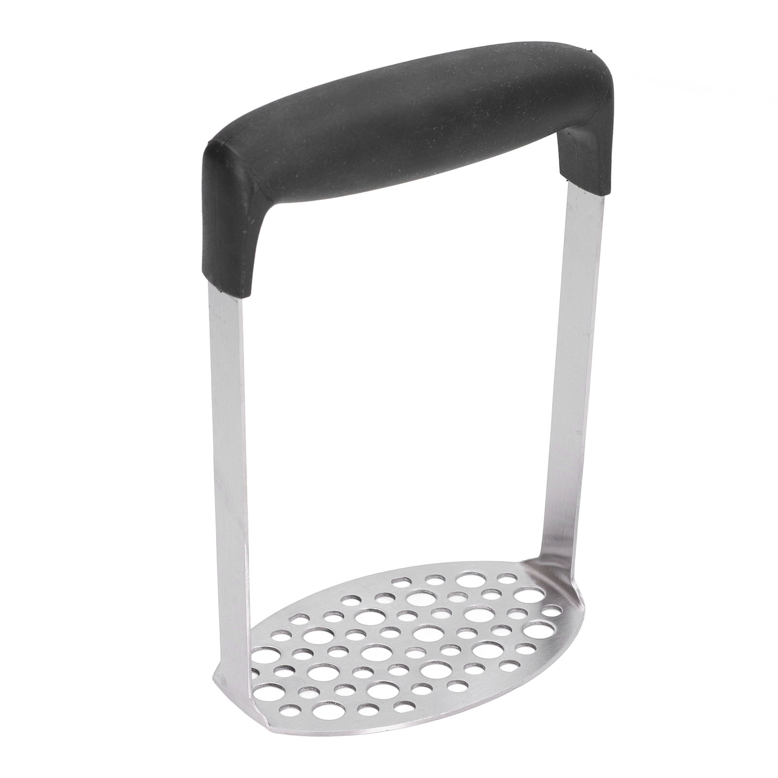 Ein Kartoffelstampfer aus Metall mit schwarzem Griff. Es hat eine perforierte ovale Basis.
