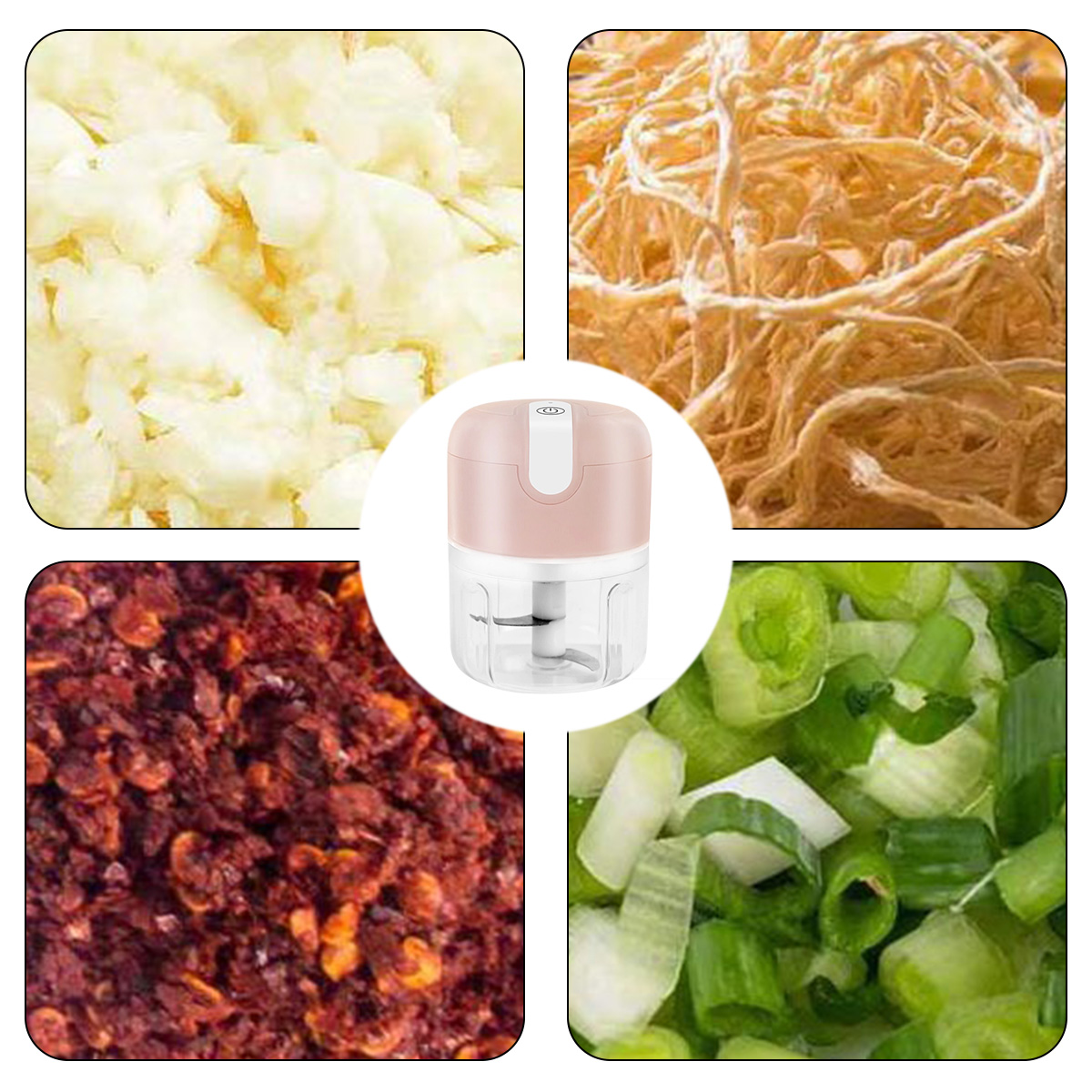 Das Bild zeigt einen Mixer, umgeben von gehacktem Knoblauch, getrockneten Nudeln, Chiliflocken und gehackten Frühlingszwiebeln.