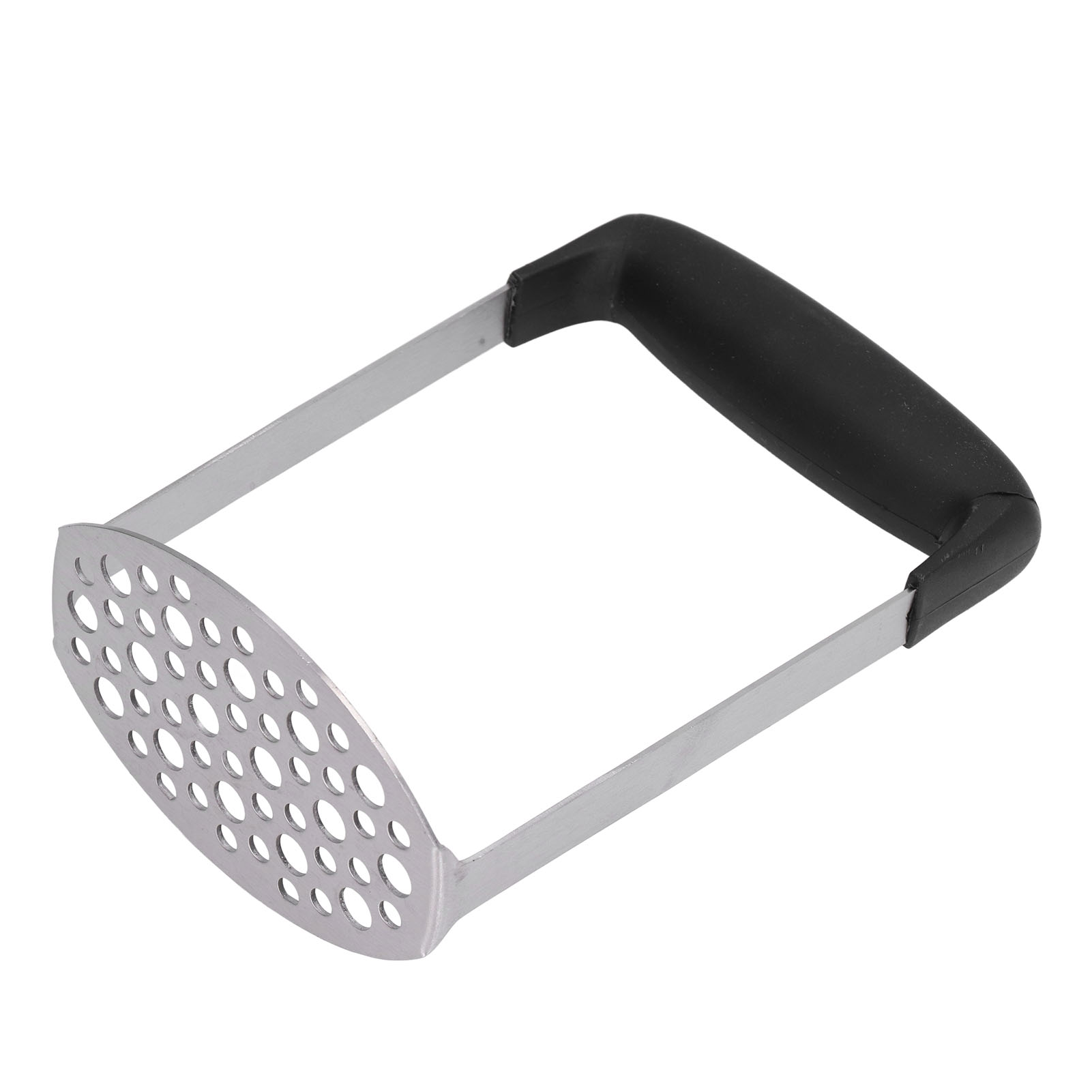 Ein Kartoffelstampfer aus Metall mit schwarzem Griff. Es hat einen perforierten ovalen Kopf und einen rechteckigen Rahmen.