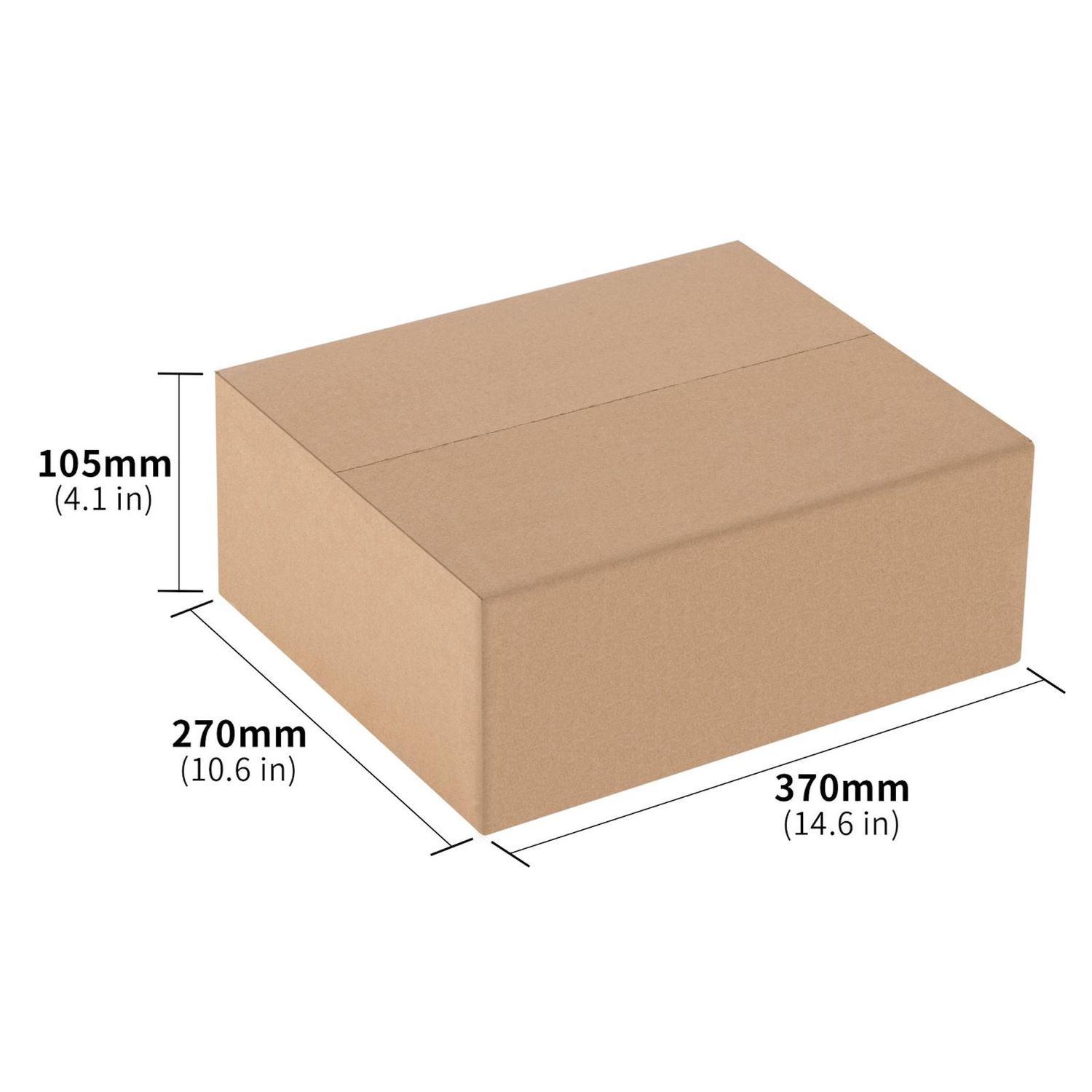 Una scatola di cartone marrone con dimensioni: 105 mm (4,1 pollici) di altezza, 270 mm (10,6 pollici) di larghezza e 370 mm (14,6 pollici) di lunghezza.