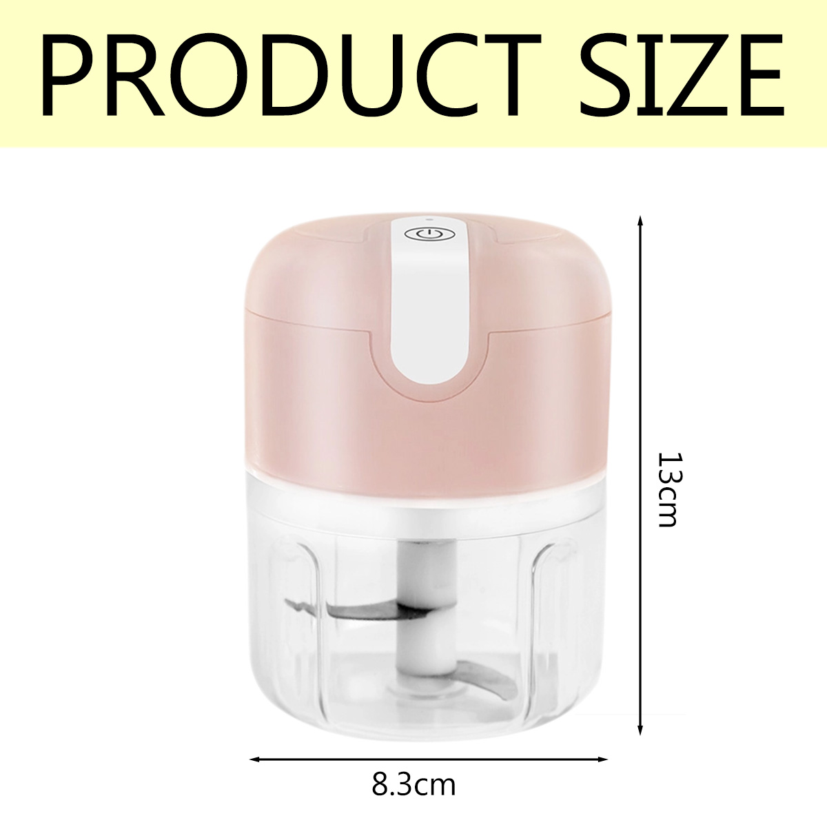 Ein rosa-klarer Mini-Zerkleinerer. Abmessungen: 13 cm hoch, 8,3 cm breit. Text oben: 'PRODUCT SIZE'.