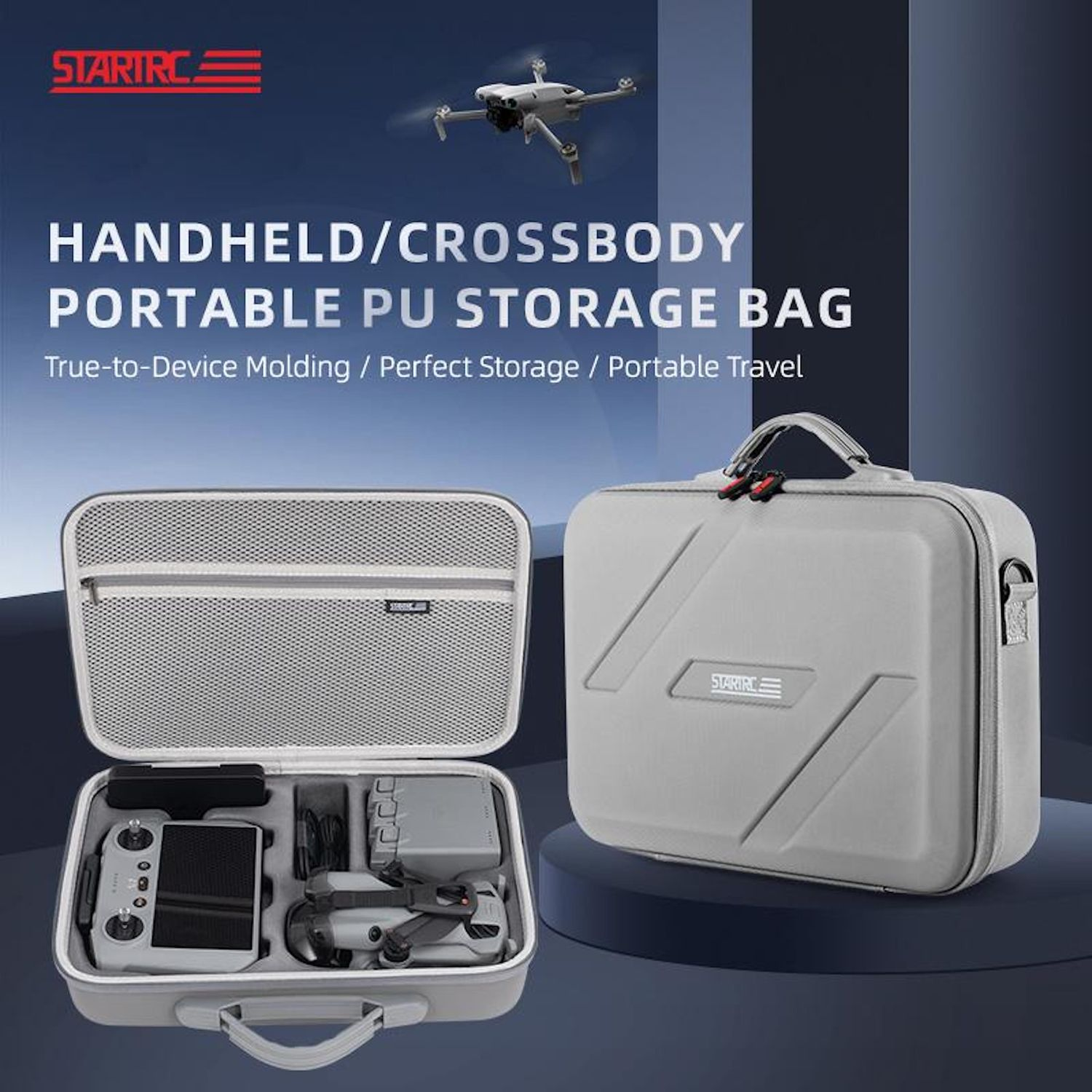 Una borsa grigia per droni, aperta con componenti del drone all'interno. Un'altra borsa chiusa a destra. Un drone vola sopra.