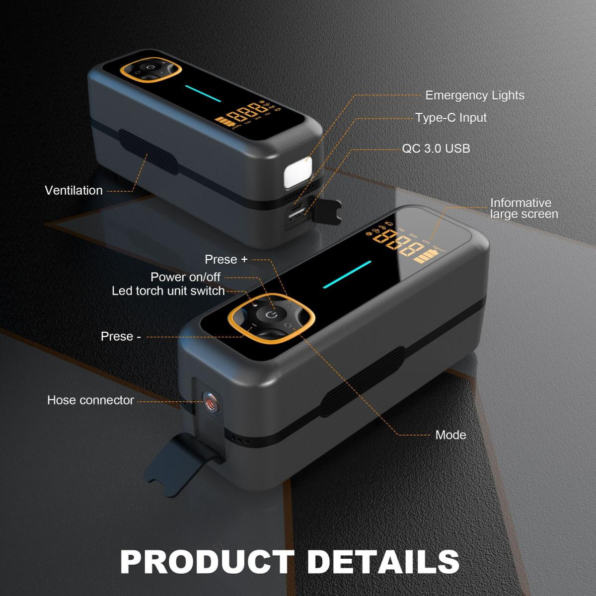 Zwei schwarze Geräte mit Displays und Knöpfen werden gezeigt, mit Funktionen wie Notlichtern und USB-Anschlüssen, mit dem Titel 'PRODUKTDETAILS'.