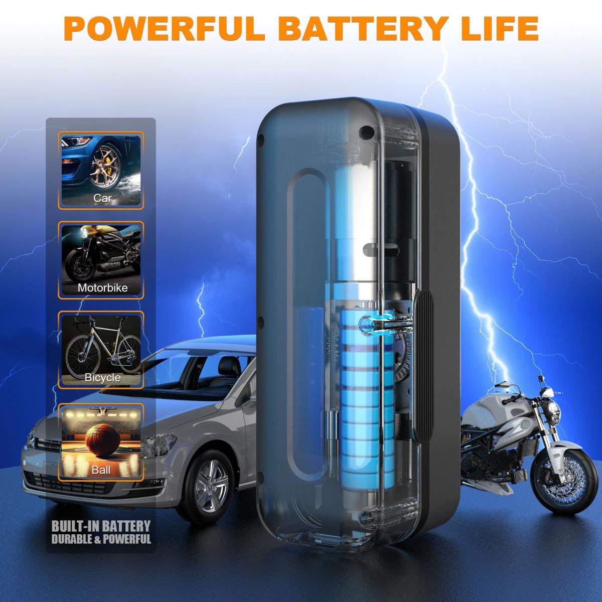 Das Bild zeigt eine Batterie mit Blitzen und Icons von Auto, Motorrad, Fahrrad und Ball. Text: 'Leistungsstarke Akkulaufzeit'.