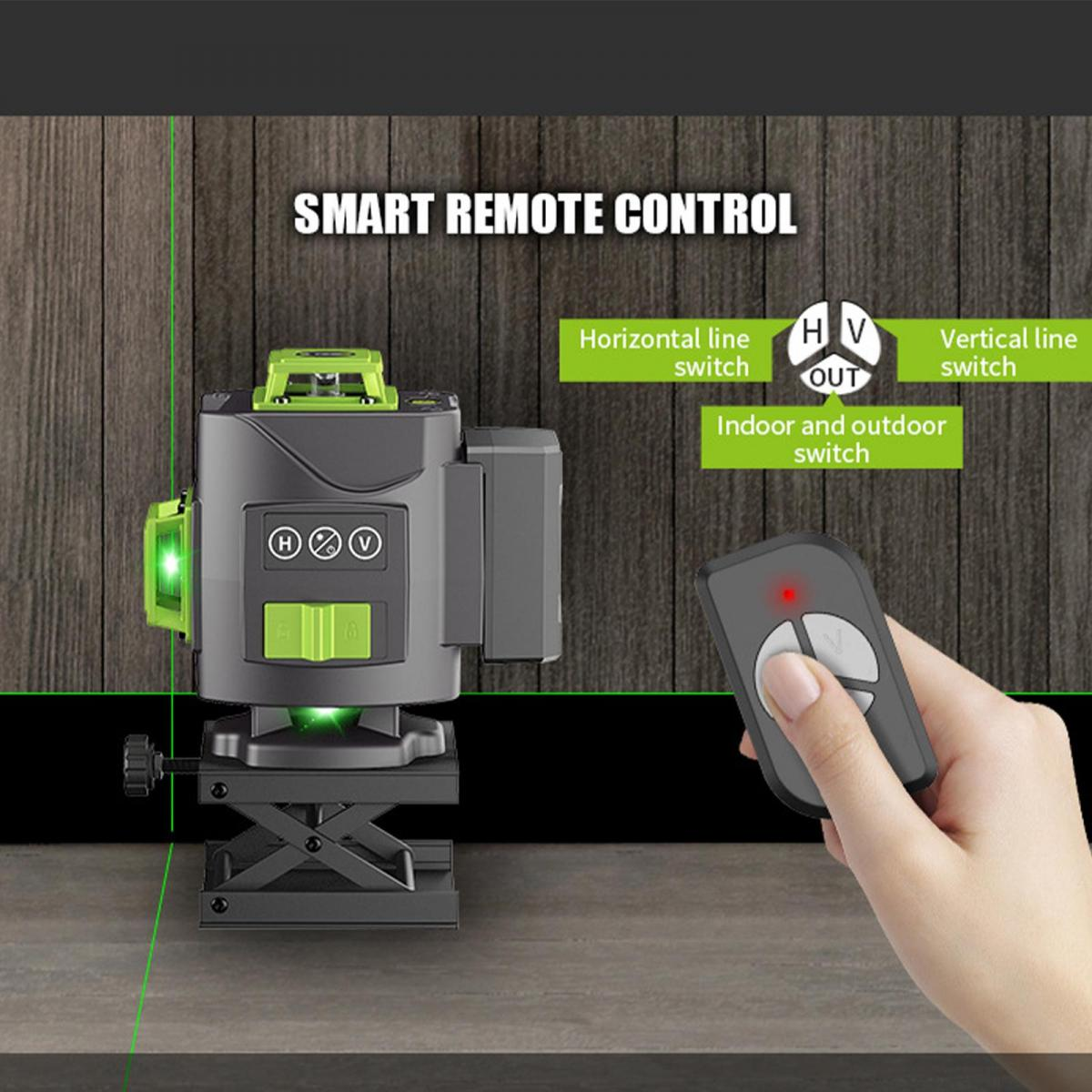 Ein Laser-Nivelliergerät mit Fernbedienung steht auf einem Tisch. Es projiziert grüne Linien. Text: Smart Remote Control, Horizontal und Vertical line switch.