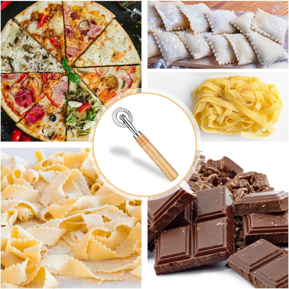 Pizzaschnitten, Ravioli, Pasta, Pastaschneider, Schokolade. Die Pizza hat verschiedene Beläge. Andere Lebensmittel sind um den Schneider angeordnet.