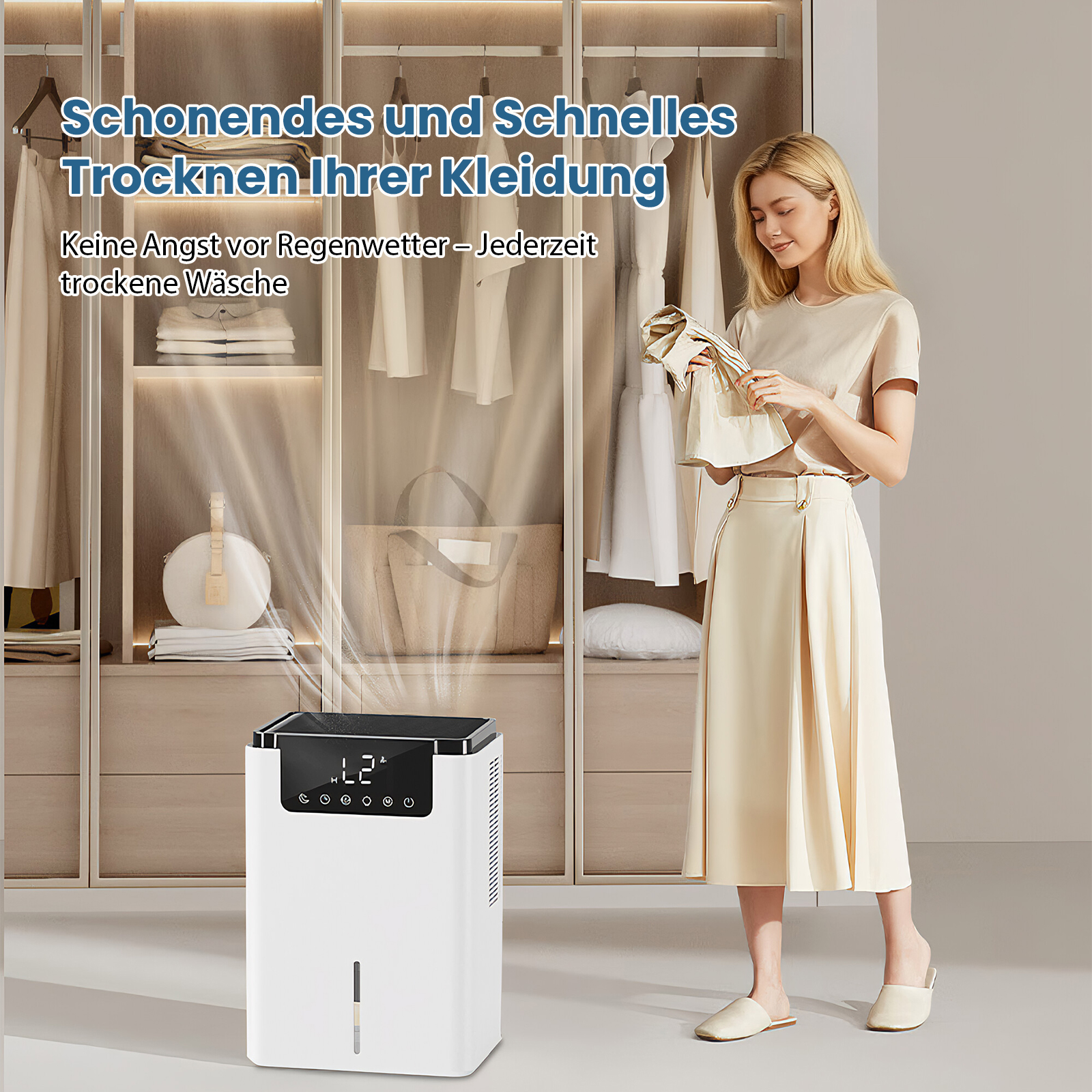 Eine Frau hält Kleidung in einem Schrank. Ein weißer Wäschetrockner befindet sich im Vordergrund, mit Text darüber.