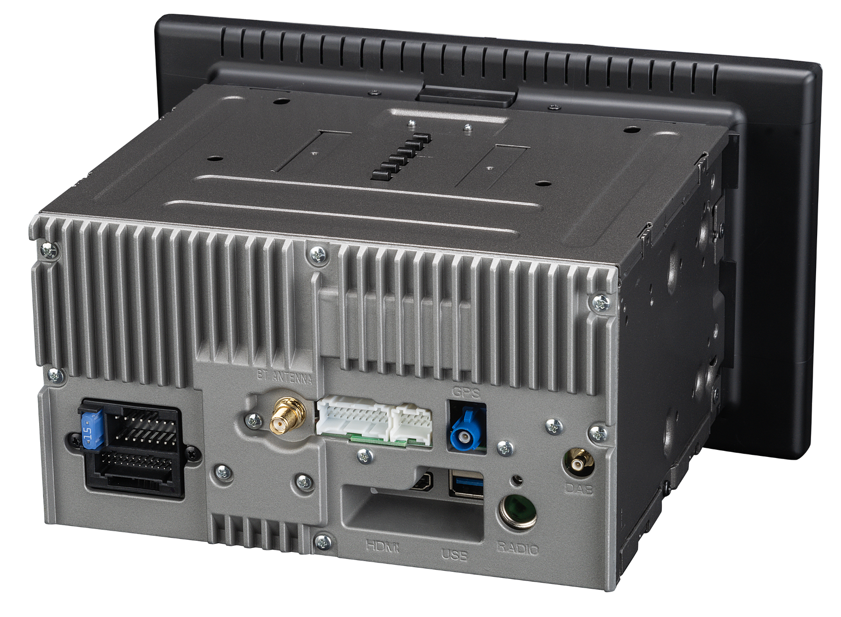 Rückansicht eines Autoradios mit verschiedenen Anschlüssen und Steckern, einschließlich Antenne, USB, HDMI und einem Bildschirm.