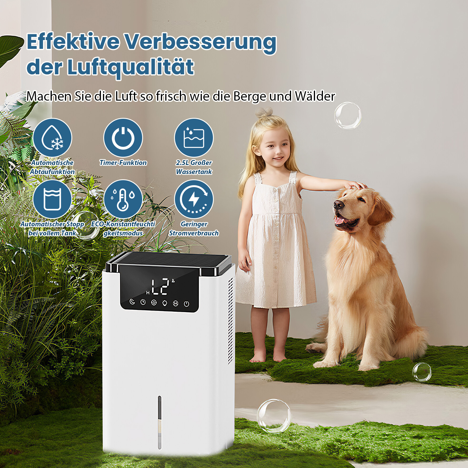 Ein Mädchen streichelt einen Golden Retriever. Ein weißer Luftentfeuchter befindet sich im Vordergrund. Text auf Deutsch steht oben.