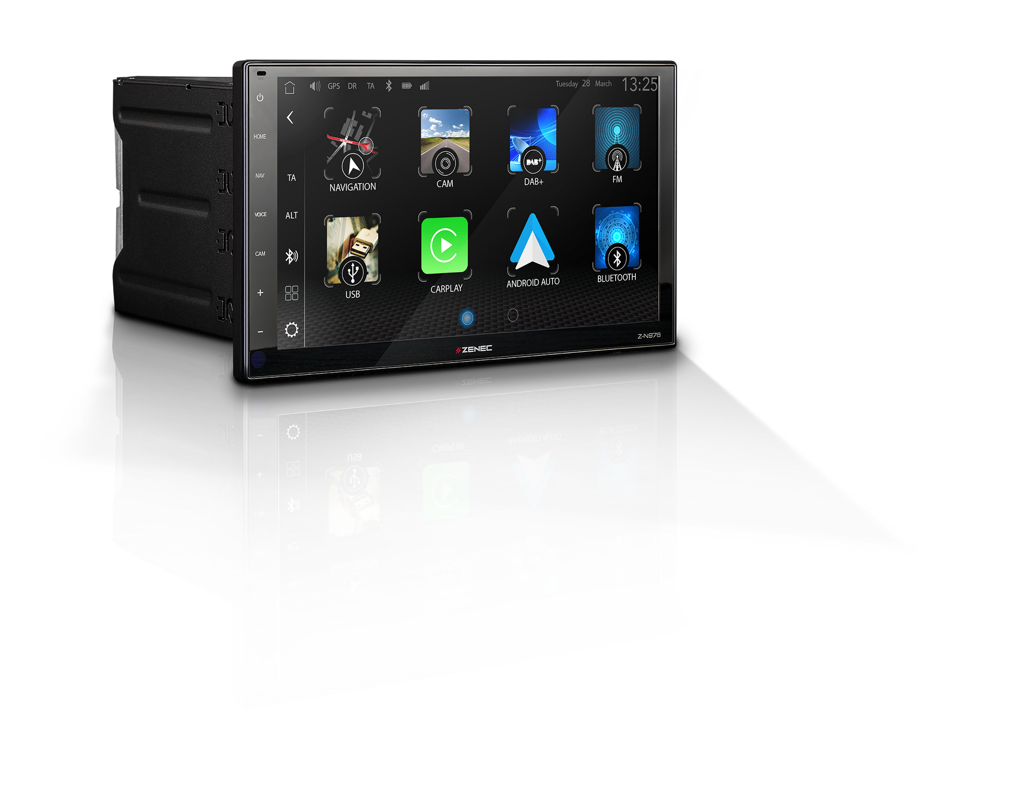 Ein Auto-Multimedia-System zeigt Symbole für Navigation, USB, CarPlay, Android Auto und Bluetooth an. Enthält Uhrzeit und Datum.