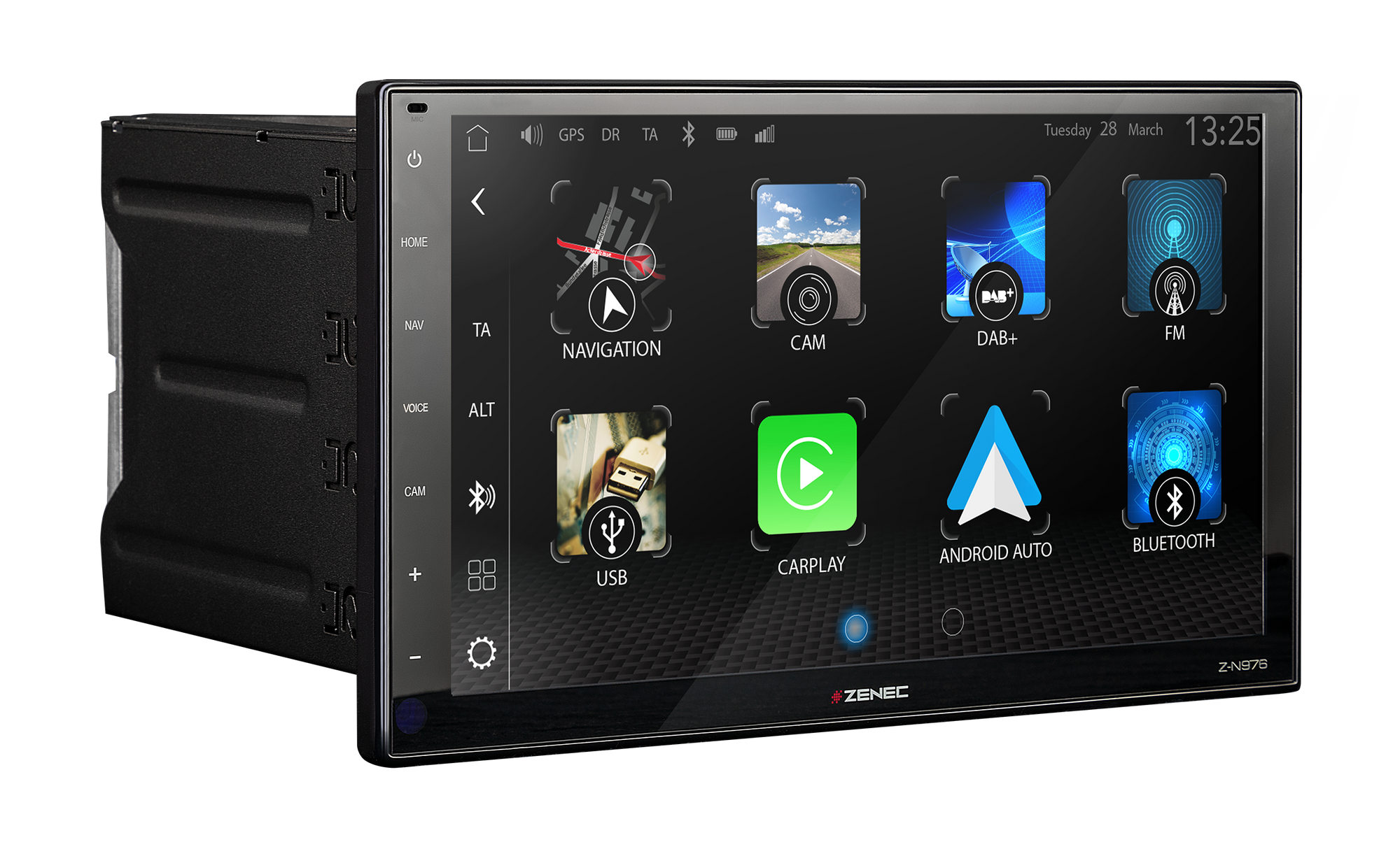 Ein Bildschirm eines Auto-Multimedia-Systems, der verschiedene App-Symbole, Uhrzeit und Datum anzeigt. Schwarze Umrandung mit Tasten links.