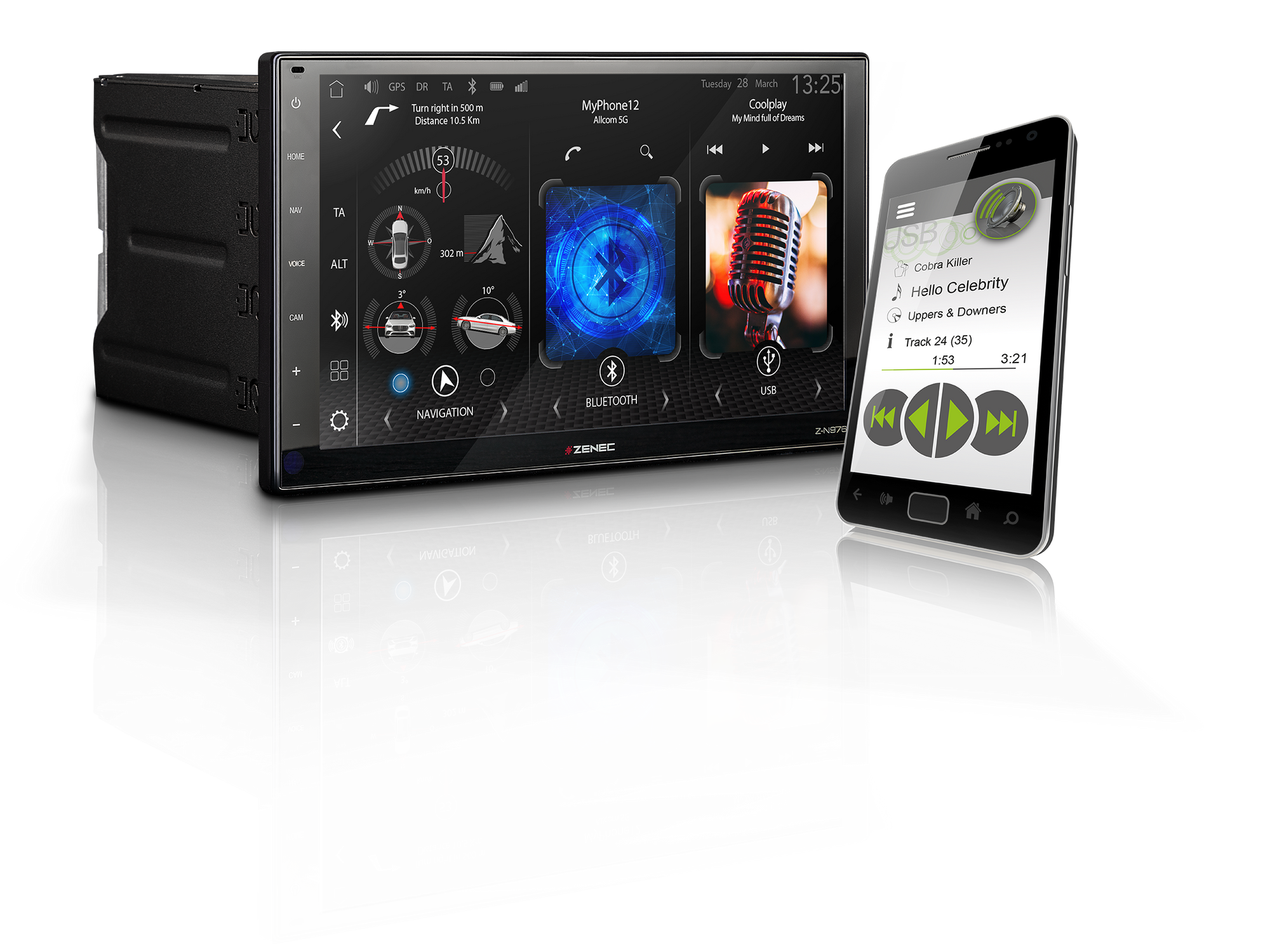 Autoradio-Bildschirm mit Navigation, Bluetooth und USB. Ein Smartphone zeigt Musiksteuerungen. Der Hintergrund ist schwarz.