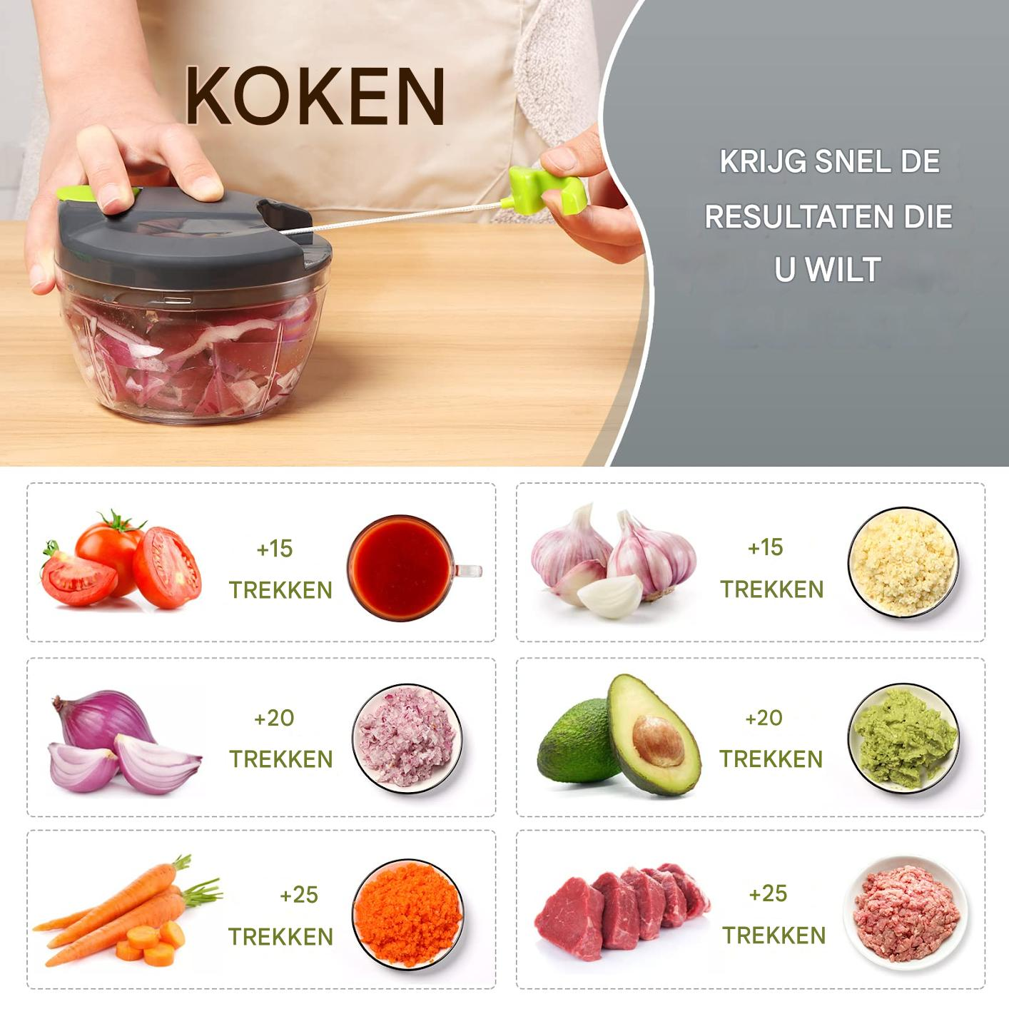Eine Person benutzt einen Zerkleinerer mit Gemüse. Unten werden Zutaten wie Tomaten, Knoblauch, Avocado und Fleisch mit Ergebnissen angezeigt.