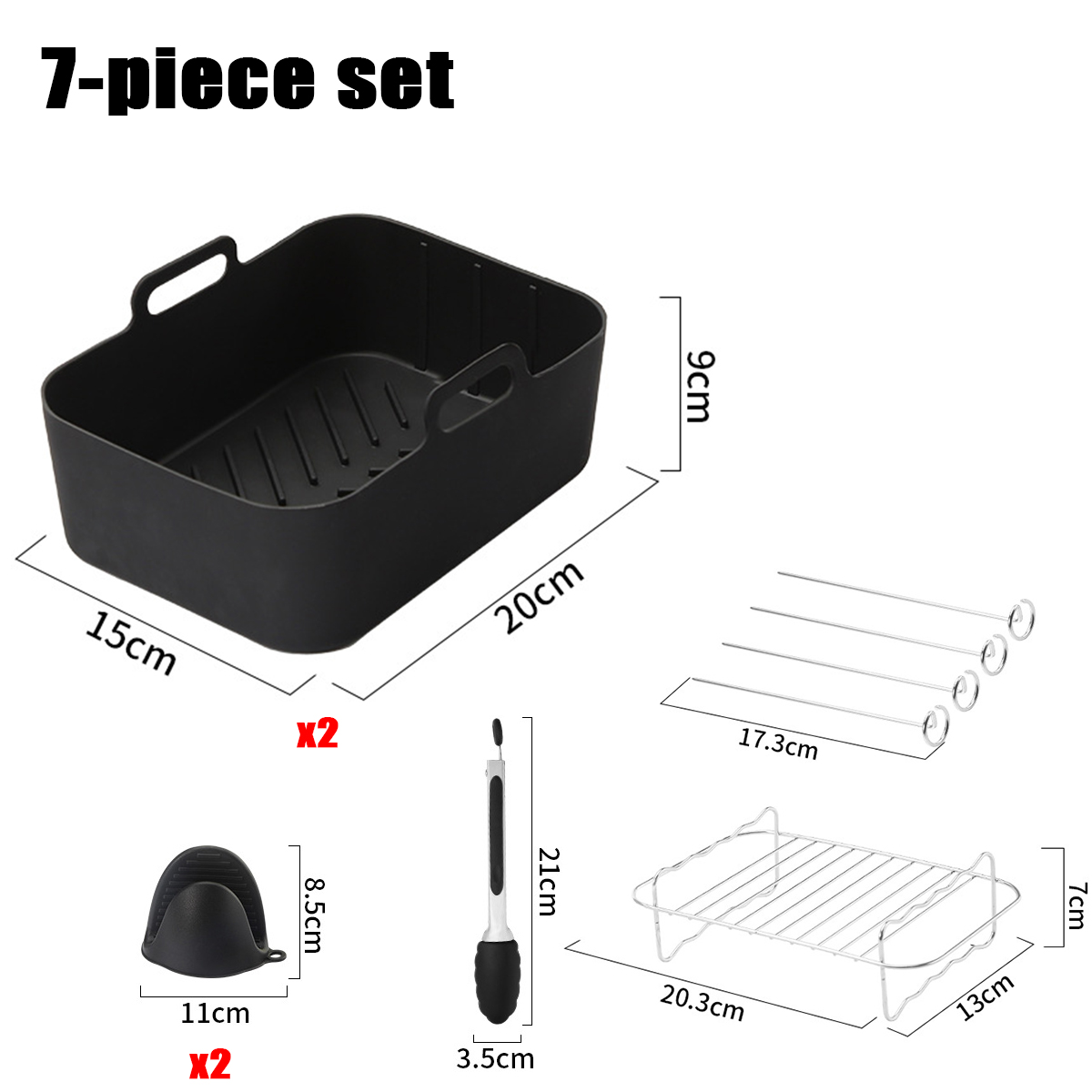 Ein 7-teiliges Set, das einen schwarzen Korb, Handschuhe, Zangen, Spieße und ein Gestell enthält. Für jeden Artikel sind Maße angegeben.