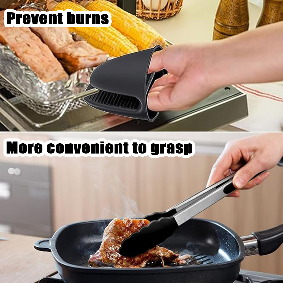 Das Bild zeigt eine Hand, die einen schwarzen Ofenhandschuh in der Nähe von heißem Essen verwendet, und eine Zange, die Fleisch in einer Pfanne hält.