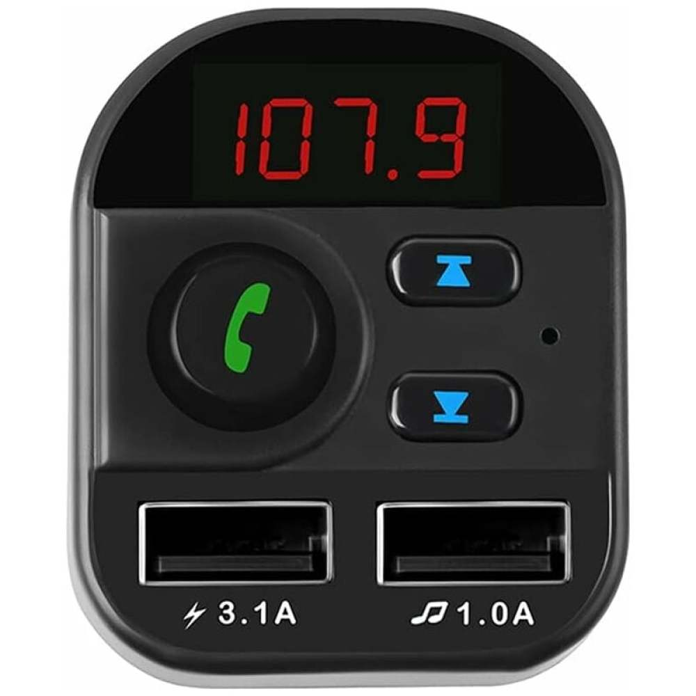 Schwarzer Auto-FM-Transmitter mit Digitalanzeige 107.9, Anruftaste, USB-Anschlüssen. Tasten für nächsten und vorherigen Titel.