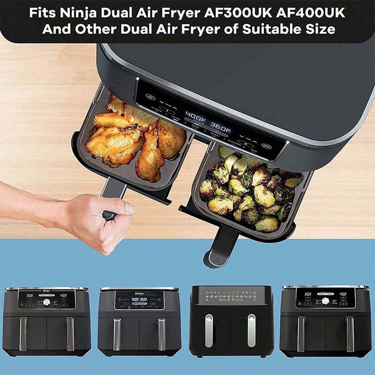 Ninja Doppel-Luftfritteuse mit Hühnchen und Rosenkohl. Unten sind 4 verschiedene Luftfritteusenmodelle.