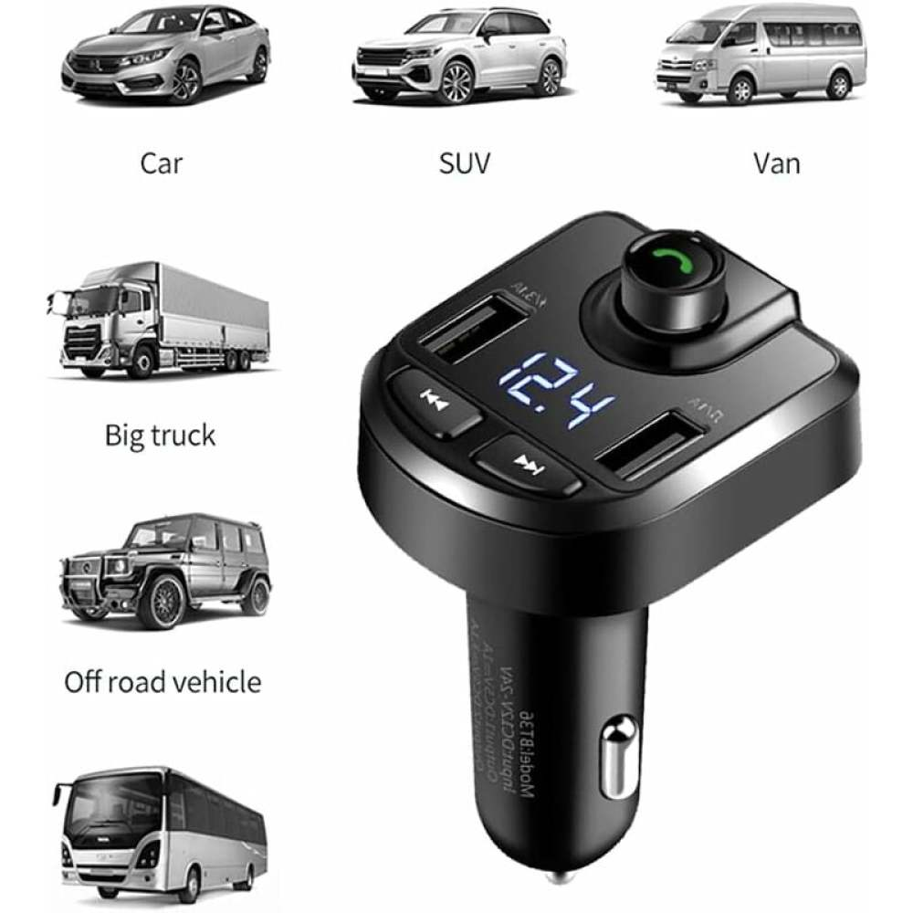 Das Bild zeigt ein schwarzes Autoladegerät mit USB-Anschlüssen, einer Digitalanzeige und einem Telefonsymbol. Verschiedene Fahrzeuge sind abgebildet.