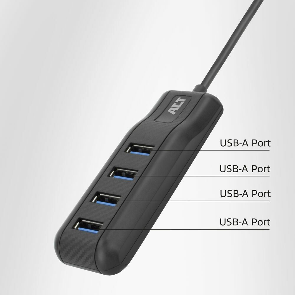 Ein schwarzer USB-Hub mit vier USB-A-Anschlüssen. Der Hub hat das 'ACT'-Logo und ein nach oben verlaufendes Kabel.