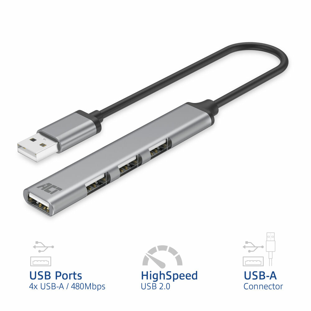 Silberner USB-Hub mit vier Anschlüssen, schwarzem Kabel und USB-A-Anschluss. Merkmale: USB-Anschlüsse, HighSpeed USB 2.0 und USB-A-Anschluss-Icons.