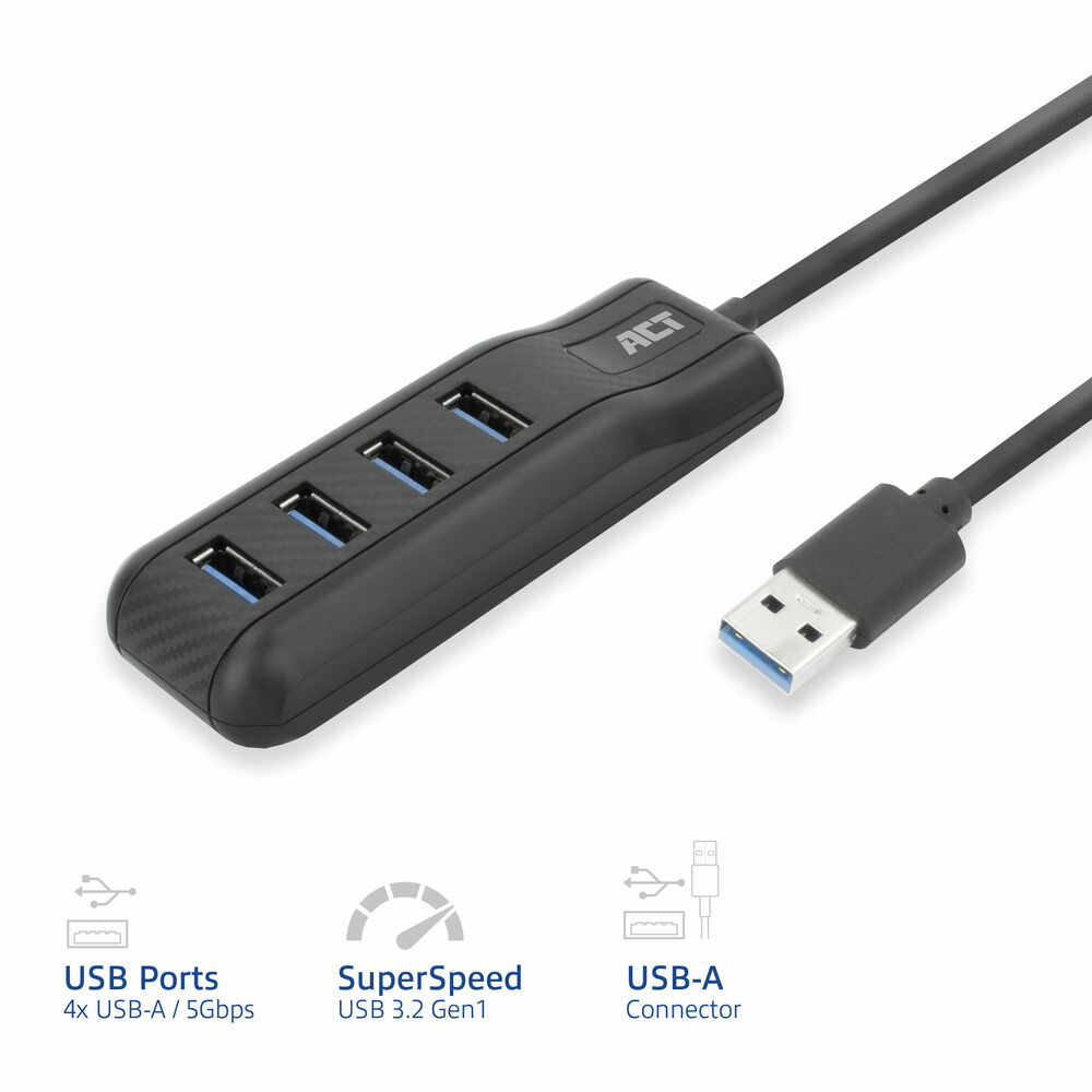Ein schwarzer USB-Hub mit vier Anschlüssen und einem USB-A-Anschluss. Der Hub hat ein ACT-Logo und USB-Spezifikationen werden angezeigt.