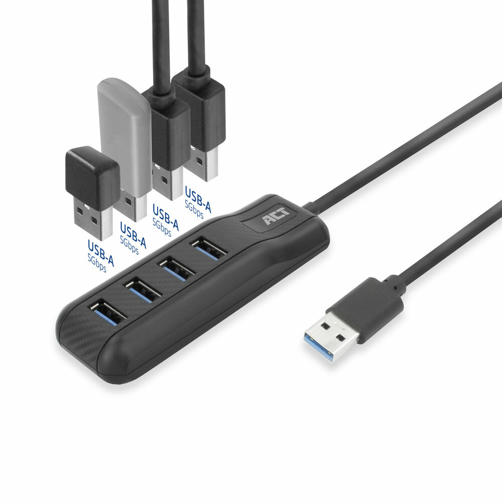 Ein schwarzer USB-Hub mit vier Anschlüssen und mehreren USB-A-Anschlüssen. Der Hub ist mit 'ACT' beschriftet. Kabel sind angeschlossen. Weißer Hintergrund.