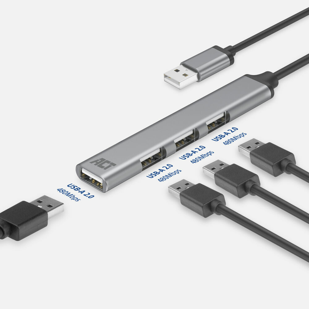 Ein silberner USB-Hub mit vier Anschlüssen, verbunden mit schwarzen USB-Kabeln. Ein Kabel ist eingesteckt. Der Hub hat das 'ACT'-Logo.