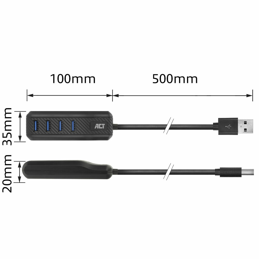 Ein schwarzer USB-Hub mit vier Anschlüssen und einem Kabel. Die Abmessungen sind beschriftet: 100 mm, 35 mm, 500 mm und 20 mm. Die Marke ist ACT.
