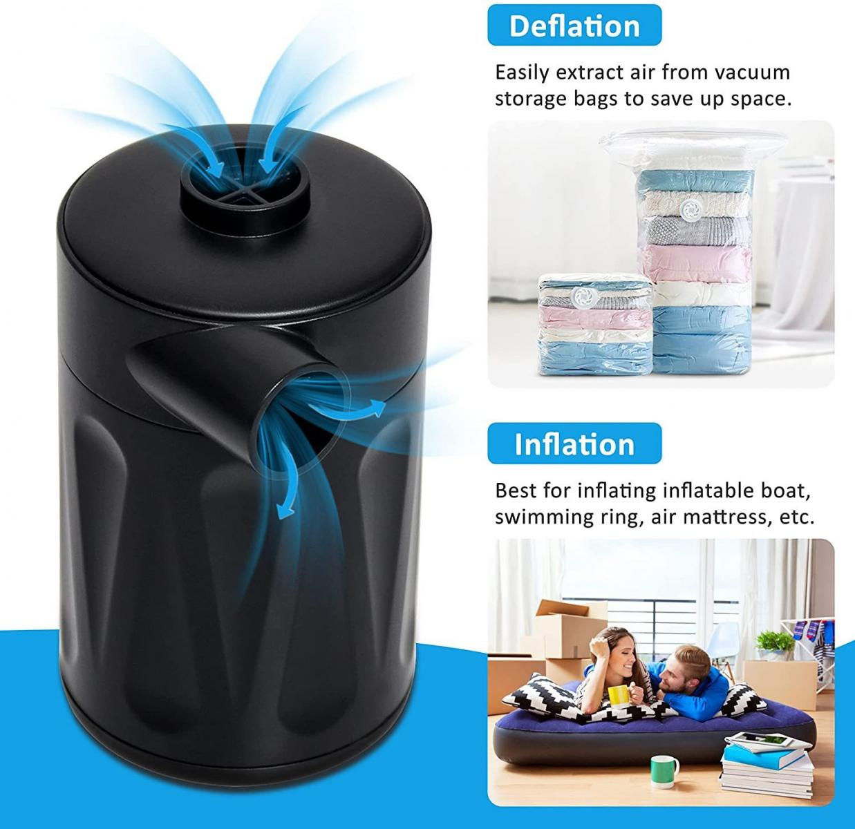 Schwarze Luftpumpe mit blauen Luftstromlinien. Text: Entlüften und Aufpumpen. Bilder zeigen Vakuumbeutel und Paar auf Luftmatratze.