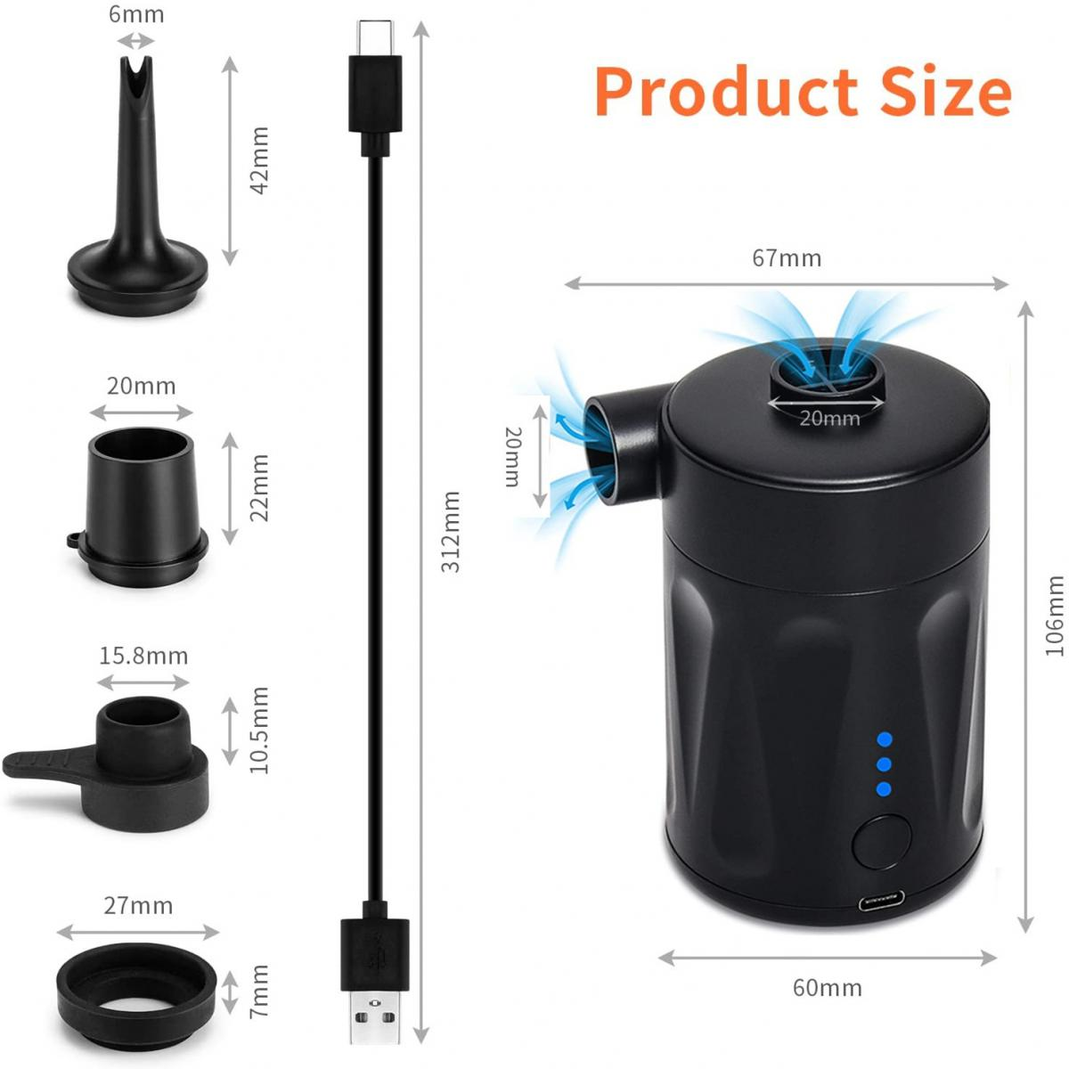Das Bild zeigt die Produktgröße mit Abmessungen. Schwarze Komponenten und ein USB-Kabel sind abgebildet. Text lautet 'Produktgröße'.