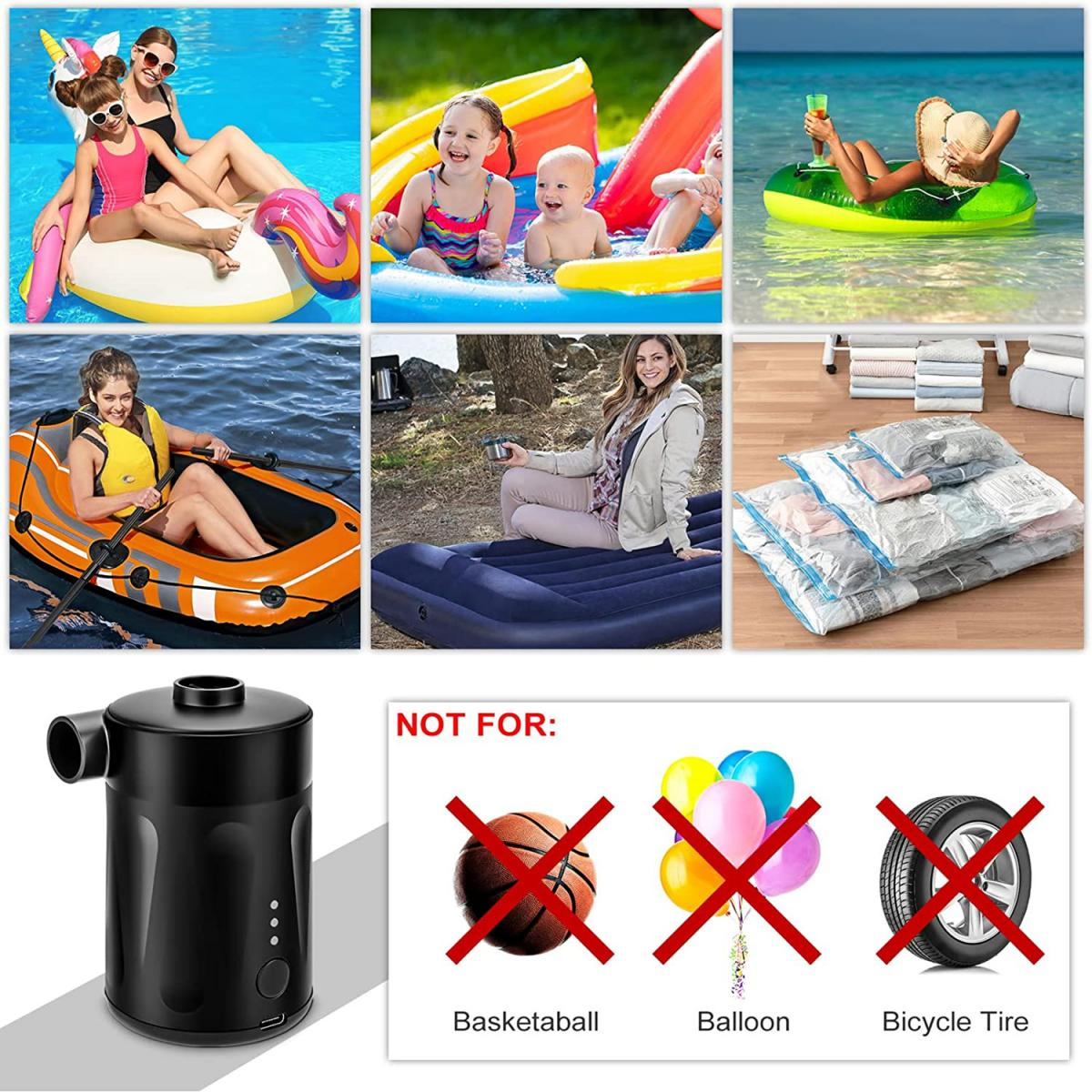 Eine Collage mit Menschen auf aufblasbaren Gegenständen im Wasser, einer Frau mit Luftmatratze und einer schwarzen Luftpumpe. Außerdem durchgestrichene Artikel.