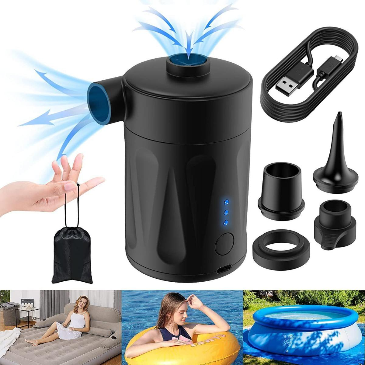 Eine schwarze Luftpumpe mit Zubehör, eine Frau auf einer Luftmatratze, eine im Pool mit einem Schlauch und ein kleines Becken.